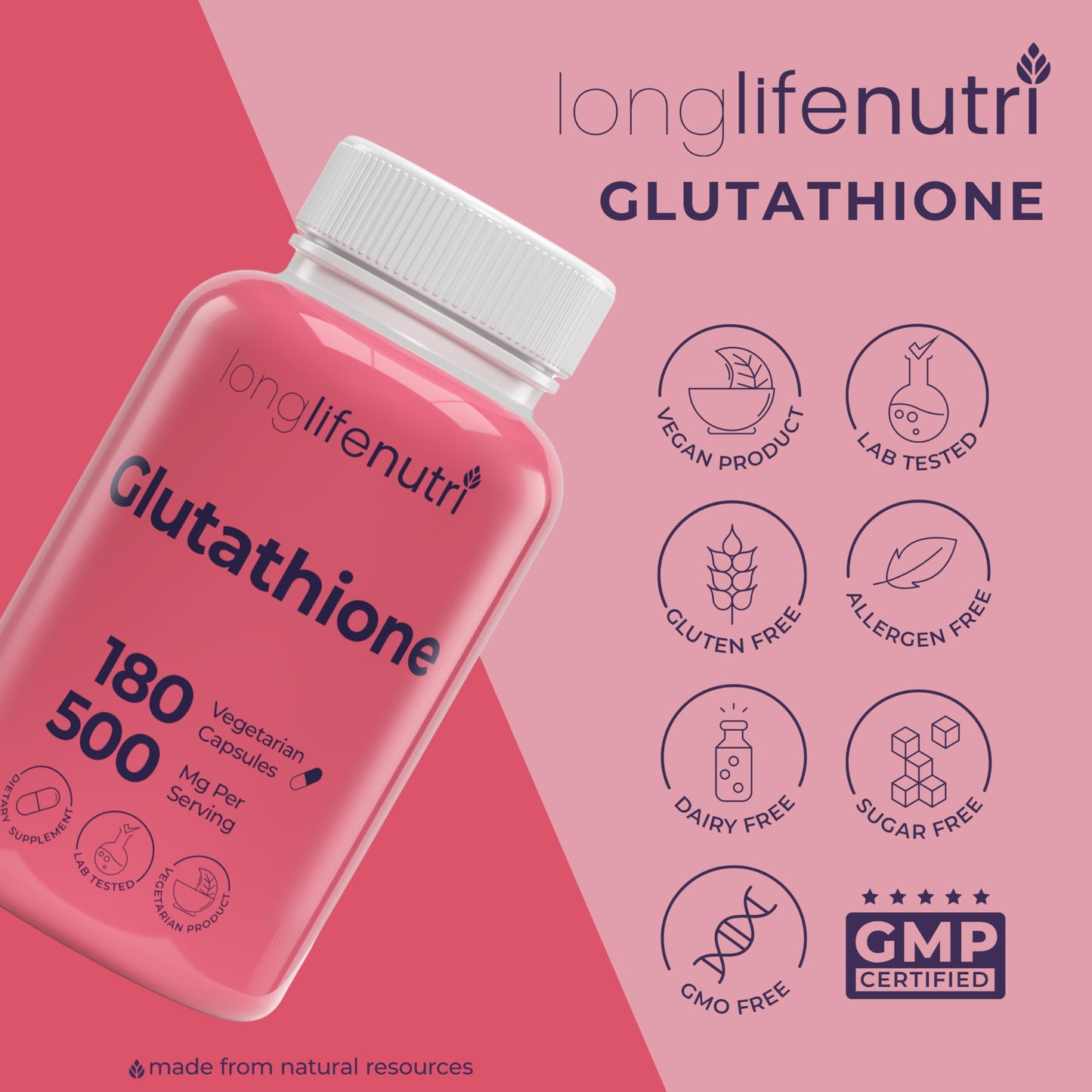 LongLifeNutri Reduced Glutathione 500mg – with White Milk Thistle and Alpha Lipoic Acid Capsules, 180 Count