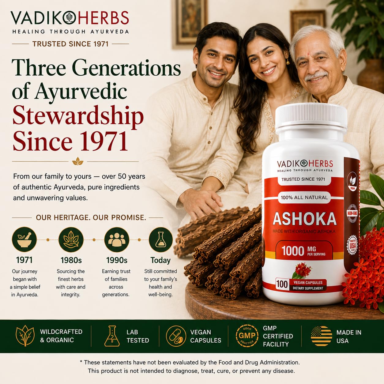 Vadik Herbs Ashoka Bark Capsules, 100 Vegicaps