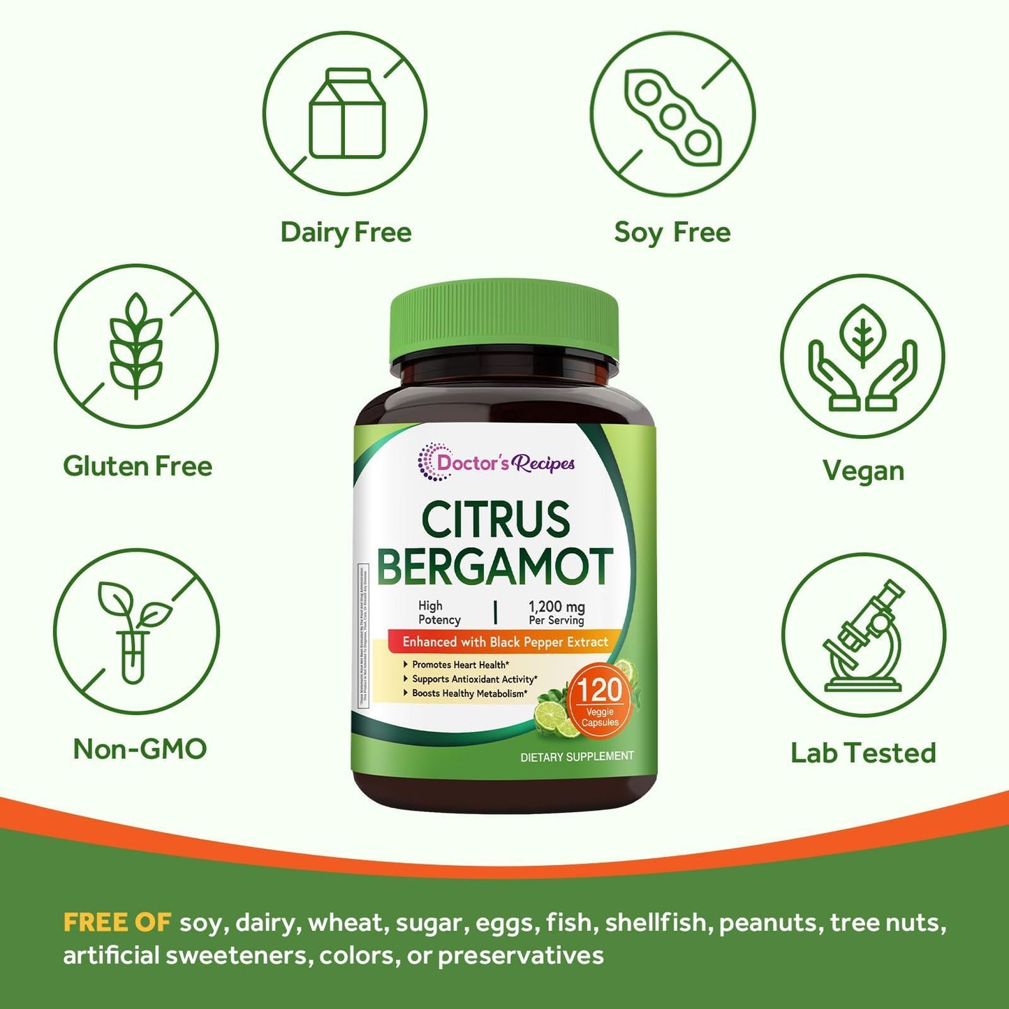 Doctor's Recipes Citrus Bergamot Capsules 1200mg, Pure Bergamot Extract, Rich in Polyphenolic Flavanones, with Black Pepper Extract, Natural Heart Health Supplement for Women and Men, Vegan, 120 Count