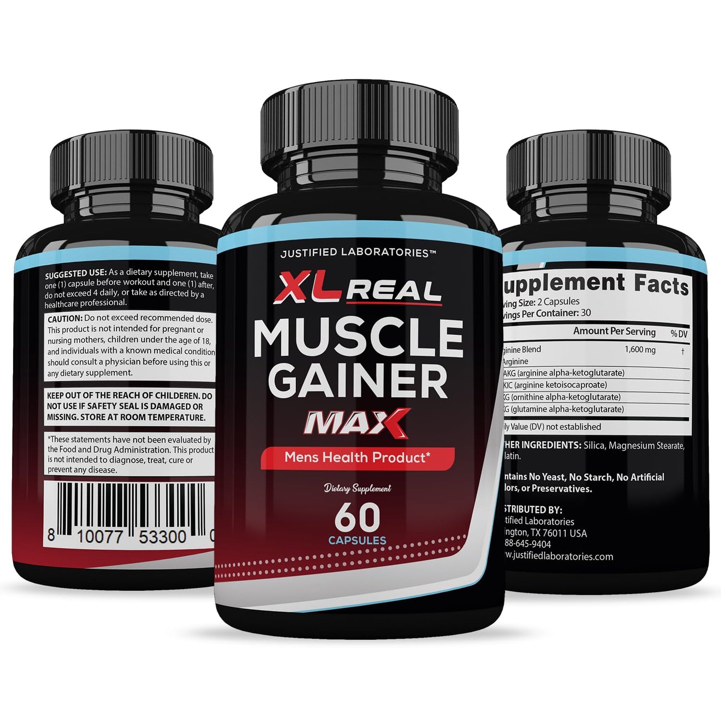 Justified Laboratories XL Real Muscle Gainer Max 1600MG Advanced Men's Health Formula 120 Capsules