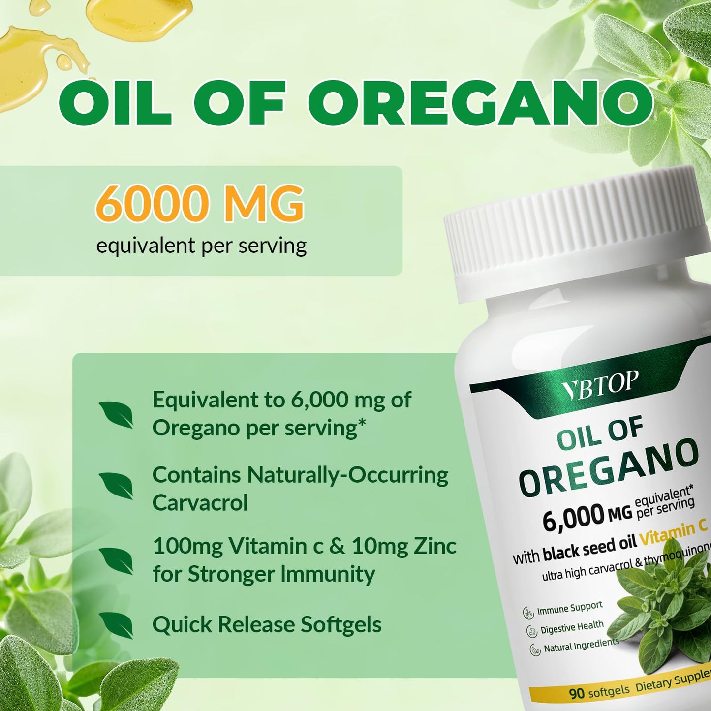 VBTOP Oregano Oil with Black Seed Oil, Vitamin C and Zinc Softgels 180 Count