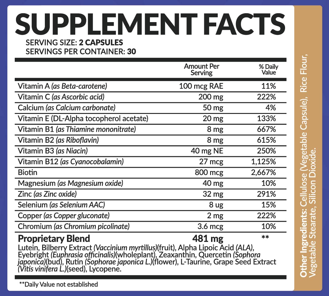 Bio Naturals Eye Vitamin Supplement with Lutein, Zeaxanthin, Lycopene, Bilberry, Quercetin & More - All Natural Proprietary Blend Supports Vision & Macular Health - 60 Veggie Capsules