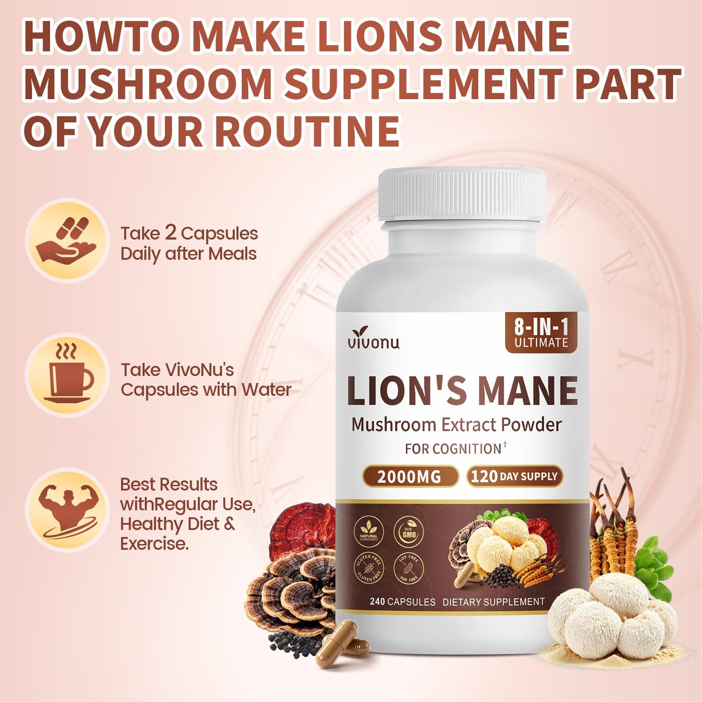 VivoNu Lions Mane Mushroom Supplement Capsules 180 Count