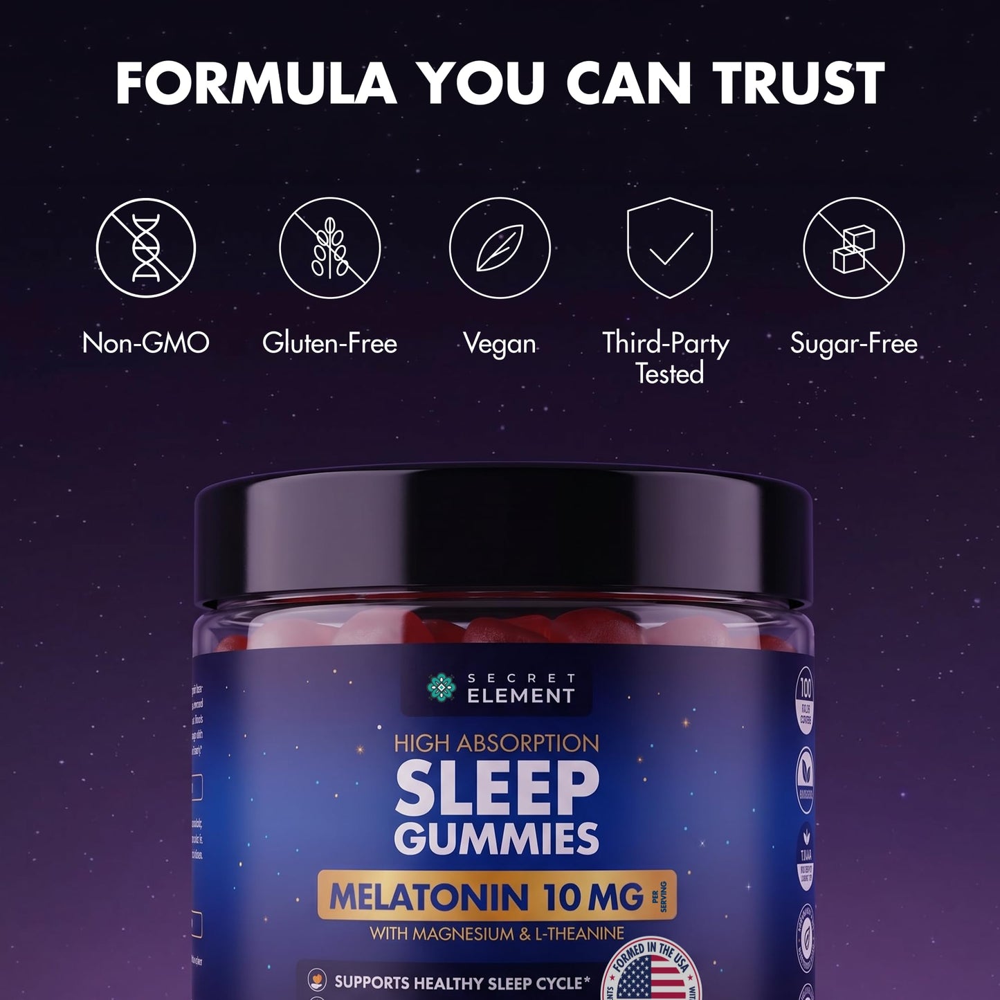 Secret Element Sleep Gummies – Nighttime Relaxation & Sleep Cycle Support with Melatonin 10 mg, Magnesium & L-Theanine – Vegan, Sugar Free, Non-GMO – BlackBerry, 120 Gummies