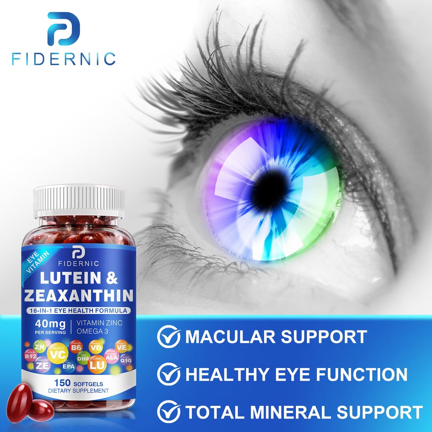 FIDERNIC Lutein and Zeaxanthin Supplement AREDS 2 Plus+ Eye Vitamins, 40 mg Lutein & 8 mg Zeaxanthin with Vitamins C, E, Zinc, Omega-3 & CoQ10 for Blue Light Protection, Eye Health Support, 150 Softgels