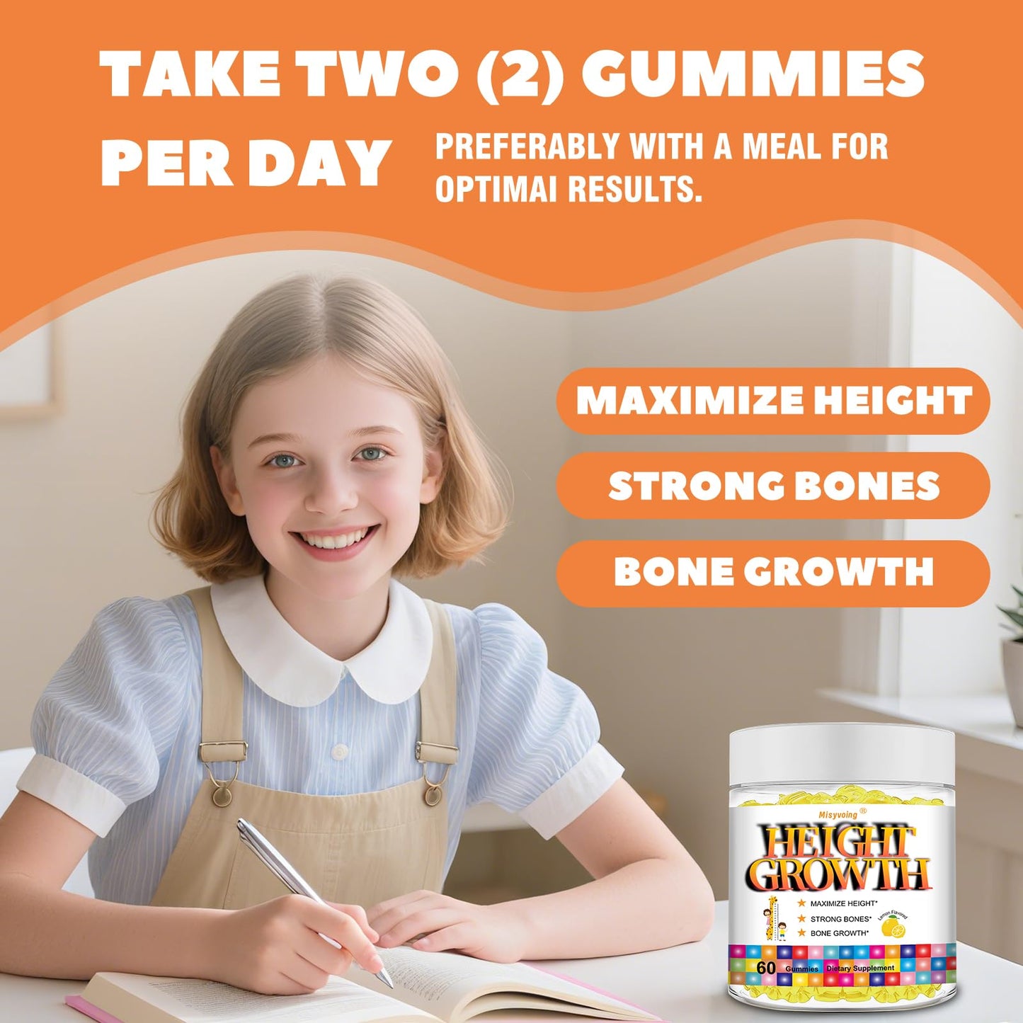 Misyvoing Height Growth Gummies for Kids & Teens Vitamins with Calcium, Magnesium, Zinc, Vitamin D3 K2, Ashwagandha, 60 Count