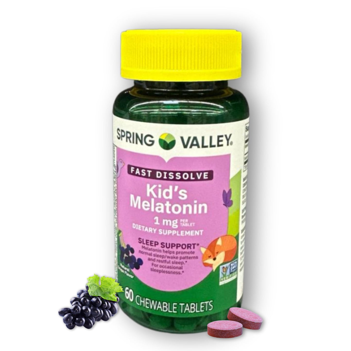 FUSION SHOP STORE Melatonin 1 mg Kids Grape Flavor Chewable Tablets, 60 Tablets