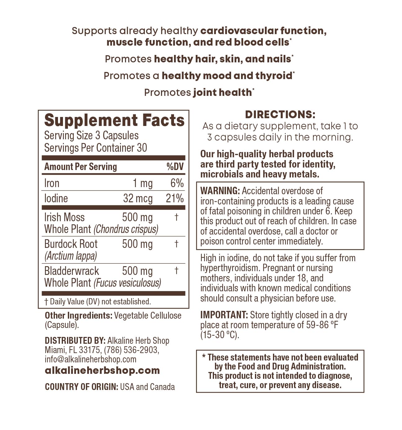 Alkaline Herb Store Sea Moss, Burdock Root, & Bladderwrack Supplement Capsule 1 Count