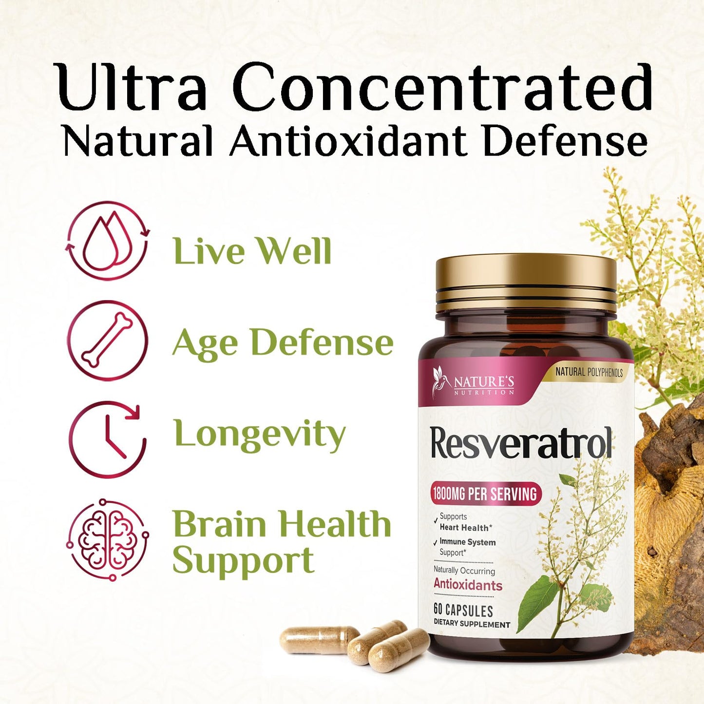 Nature's Nutrition Resveratrol Supplement - 1800mg Per Serving Extra Strength Resveratrol Blend Capsule, 60 Capsules