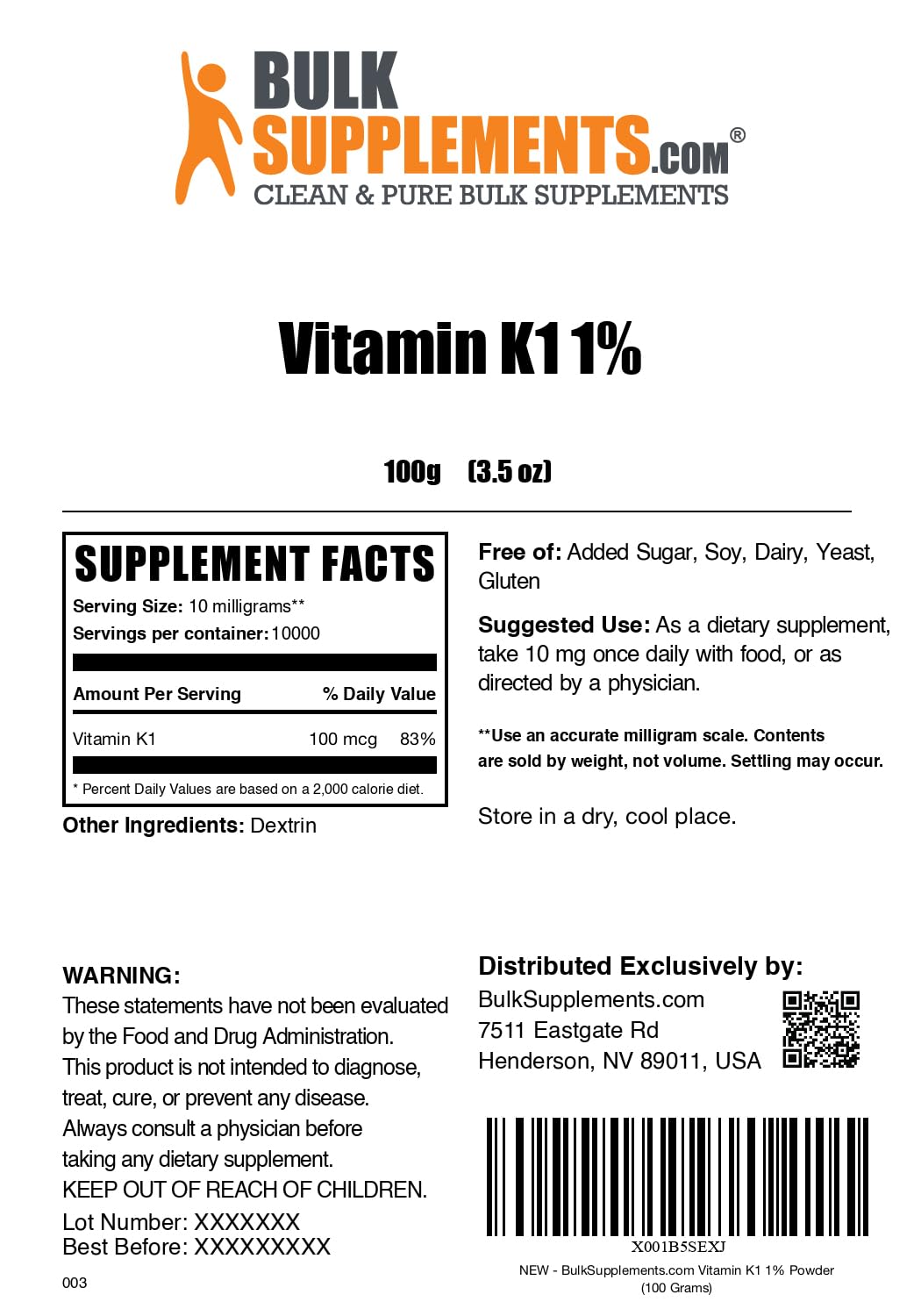 BulkSupplements Vitamin K1 Powder 3.5 oz