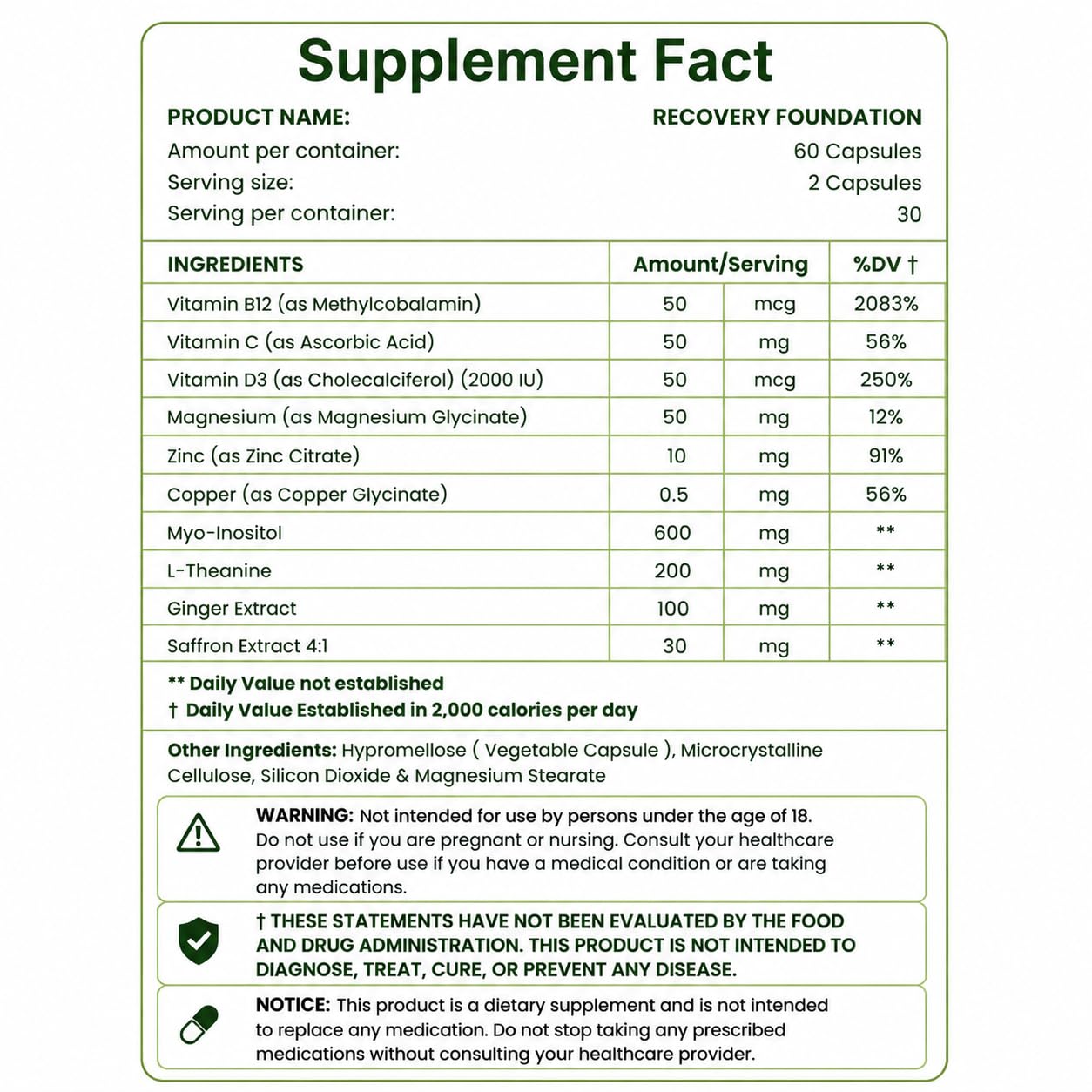 Zafira Organics Recovery Foundation Capsules 60 Count