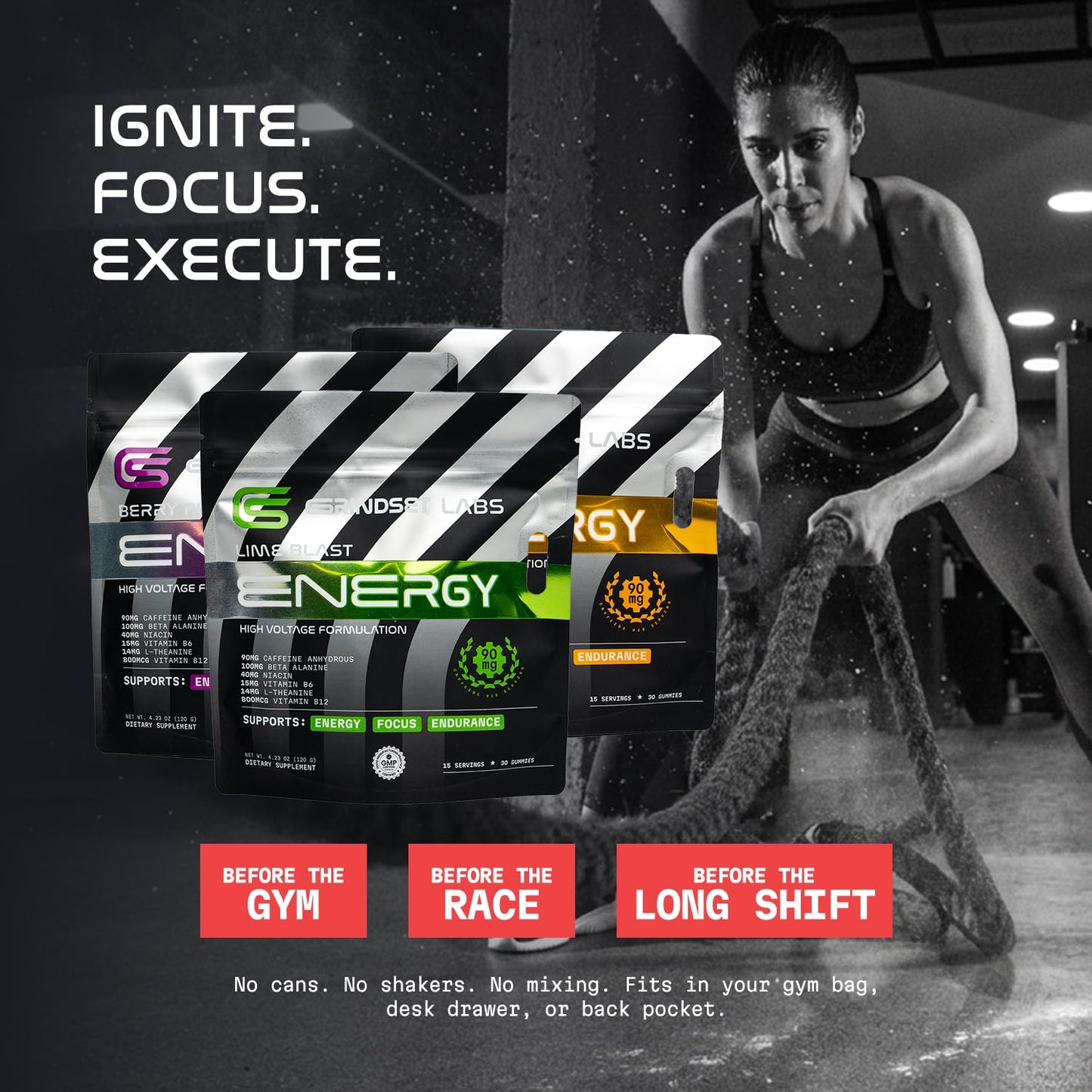 GRINDSET LABS Caffeine Energy Gummies - 90mg Caffeine for Focus & Endurance 30 Count