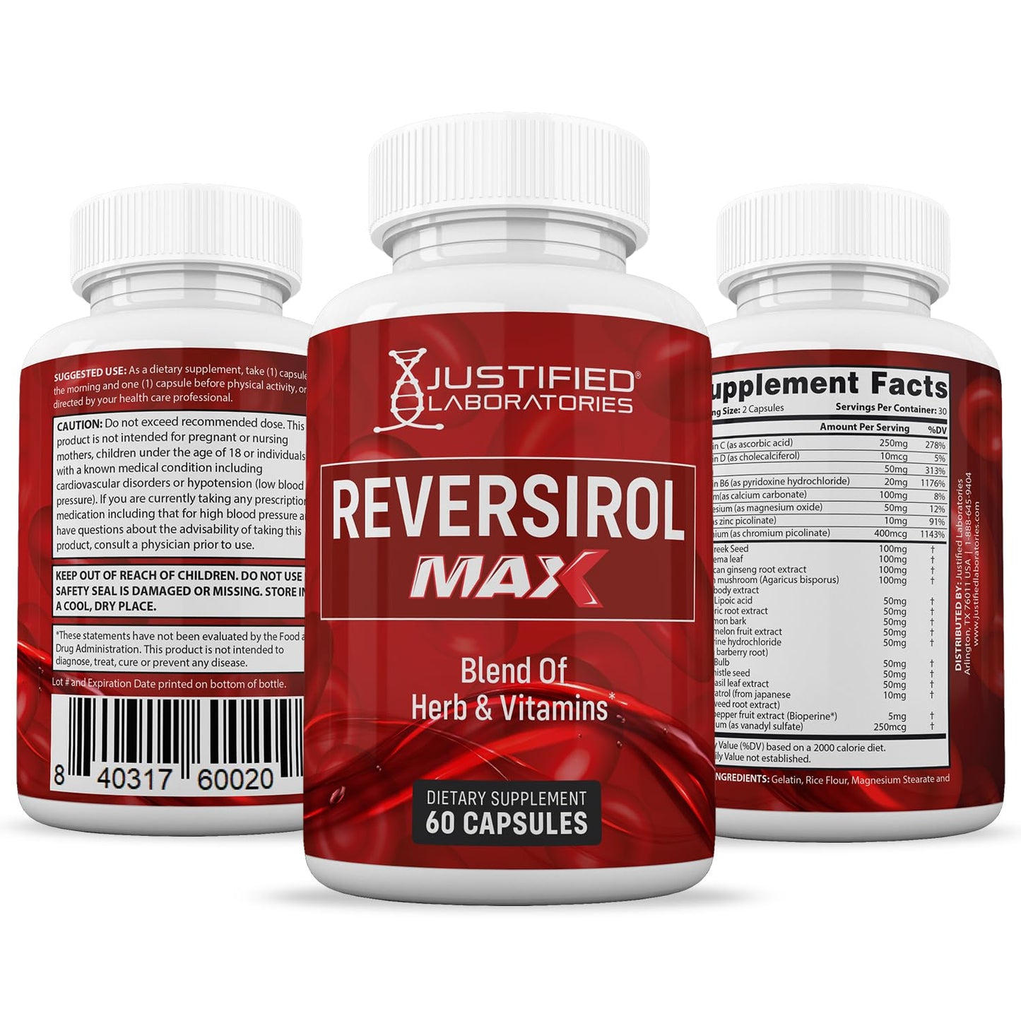 Justified Laboratories Reversirol Max 1295MG Formula Supplement Capsules 60