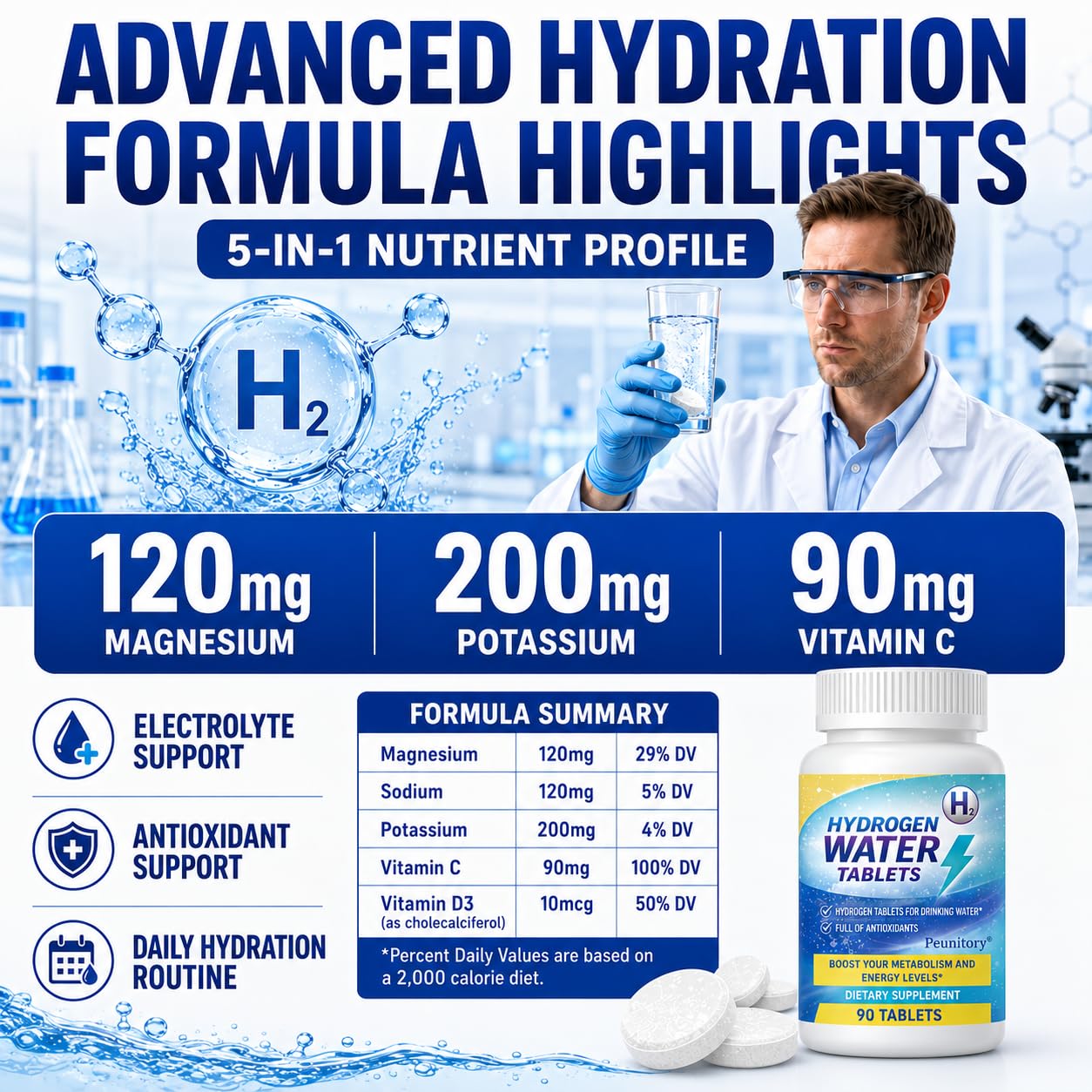 Peunitory Hydrogen Water Tablets 120mg Magnesium & Electrolytes, 1 Tablet