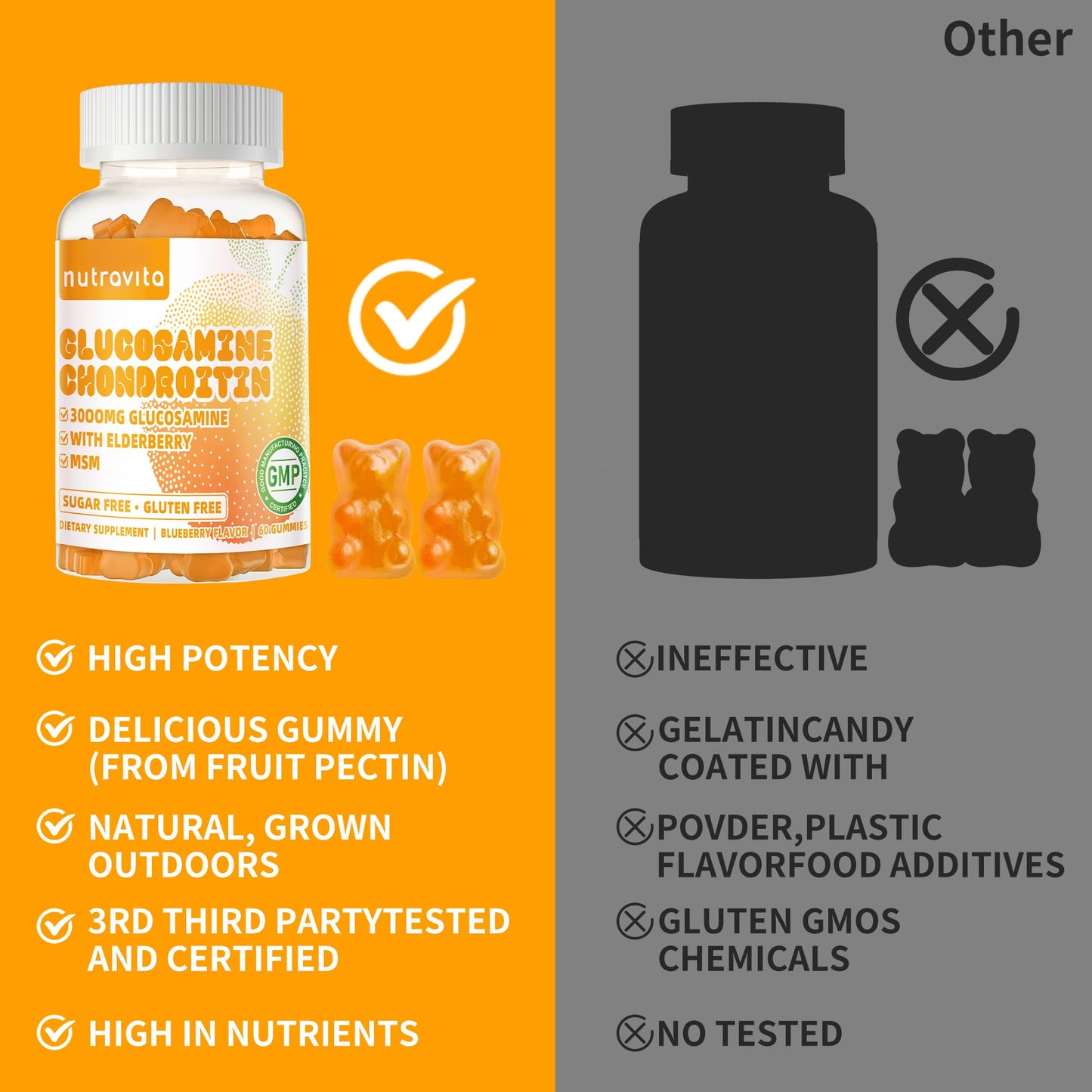 Nutravita Glucosamine Chondroitin Gummies with MSM & Elderberry Extra Strength 60 Orange Chews