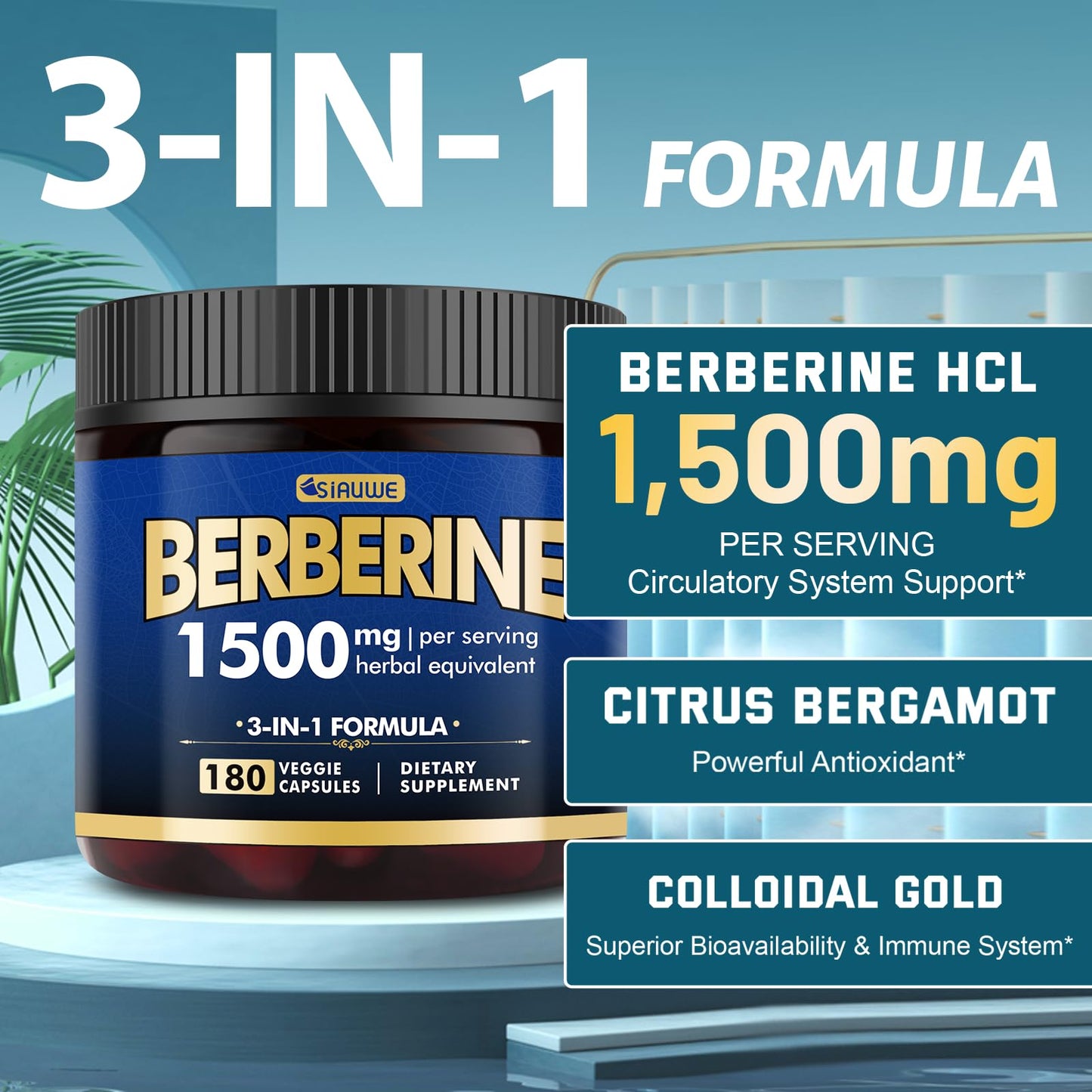 SIAUWE Berberine HCl 1500mg with Ceylon Cinnamon, 180 Capsules