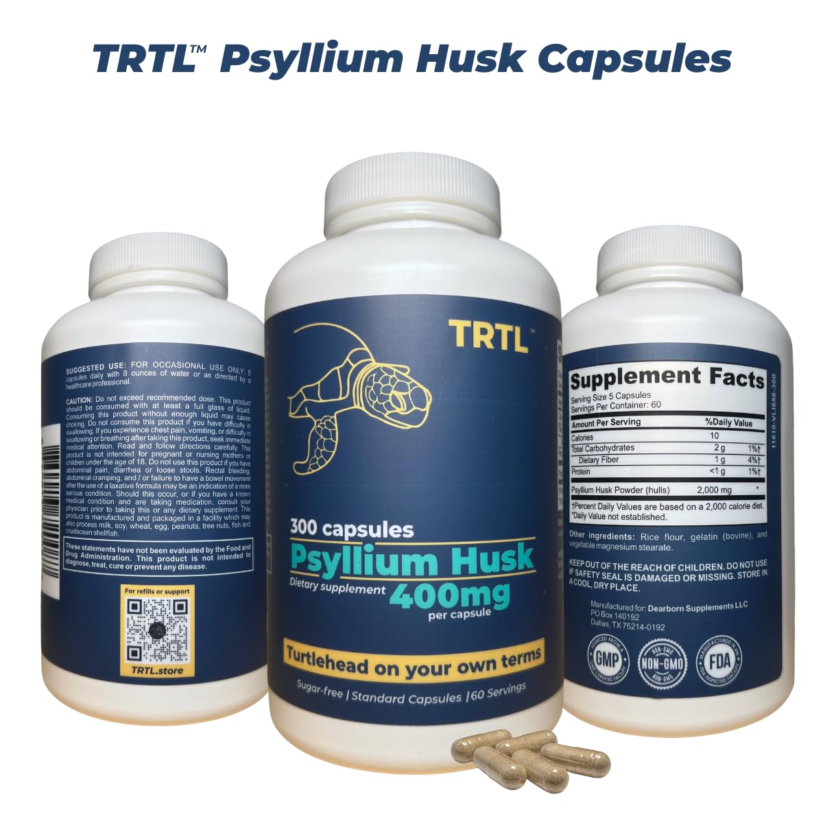 TRTL Supplements Psyllium Husk Capsules 300 Count