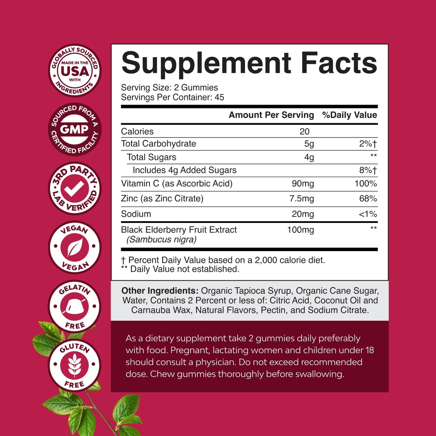 Natures Craft Elderberry Vitamin C and Zinc Gummies 90 Count
