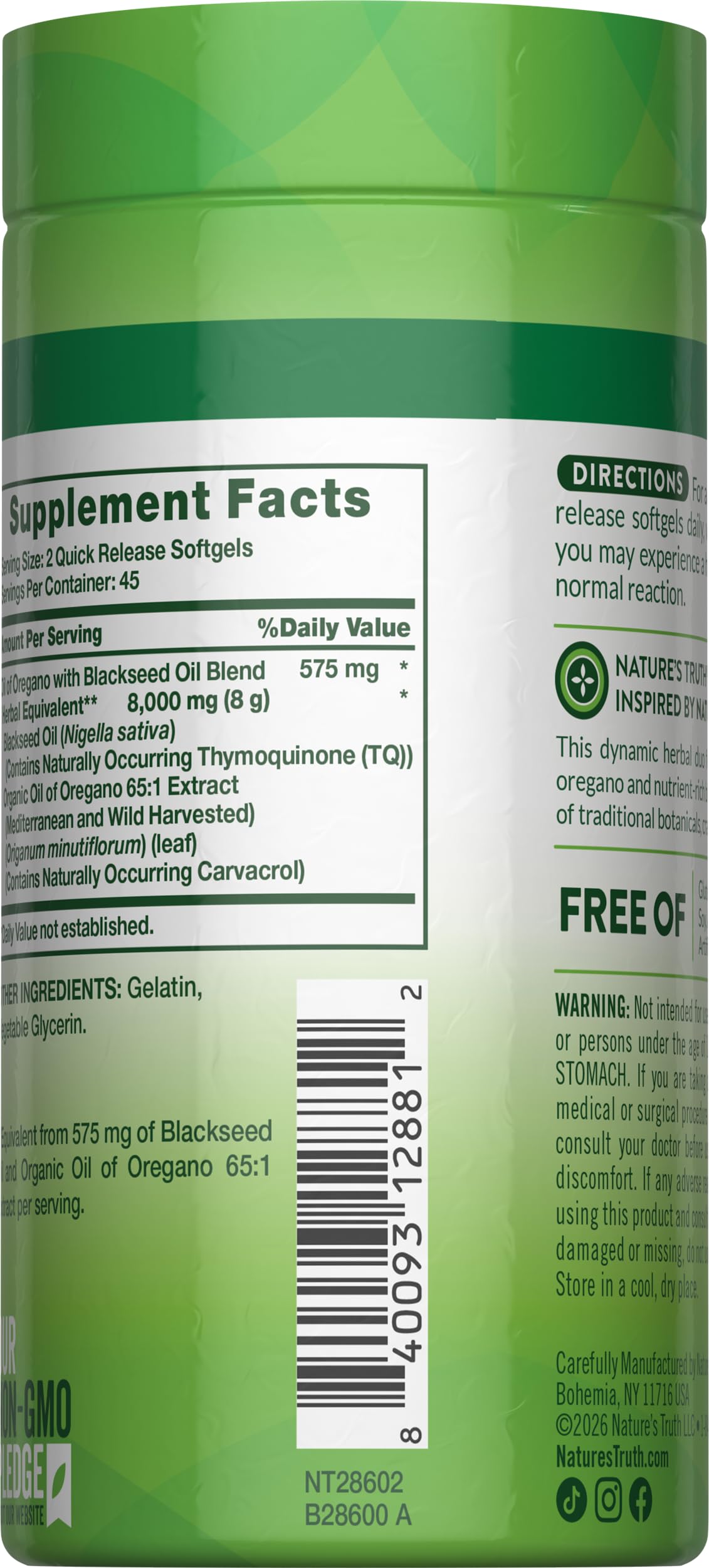 Nature's Truth Oil of Oregano with Black Seed Oil Softgels 90 Count