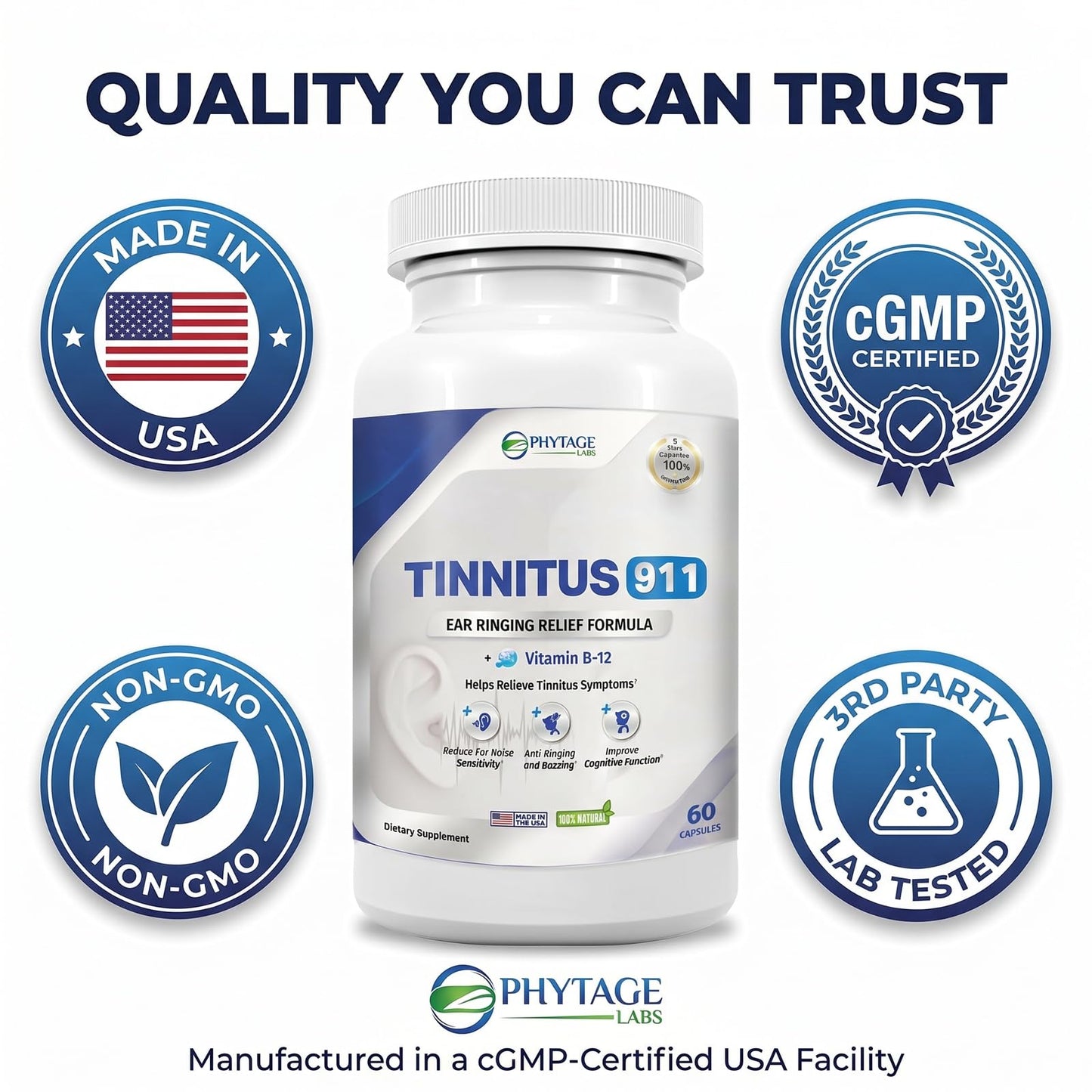 Tinnitus 911 Phytage Labs Advanced Ear Ringing Relief Supplement – Daily Auditory Support Formula with Vitamin B12, Hawthorn Berry, Olive Leaf & Green Tea Extract, 60 Capsules