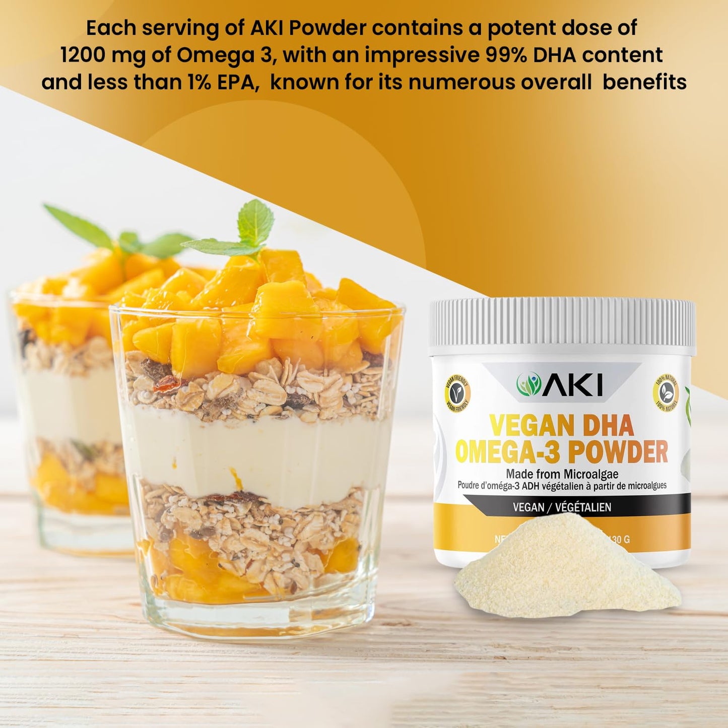 AKI ORGANIC Omega 3 DHA Micro Algae Powder, 4.6 Ounce