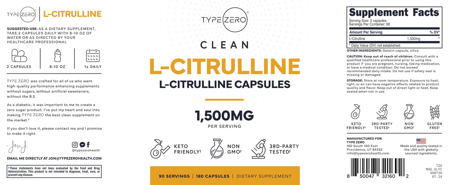 Type Zero L-Citrulline Capsules, 180 Capsules, 1500 mg per Serving, GMO-Free
