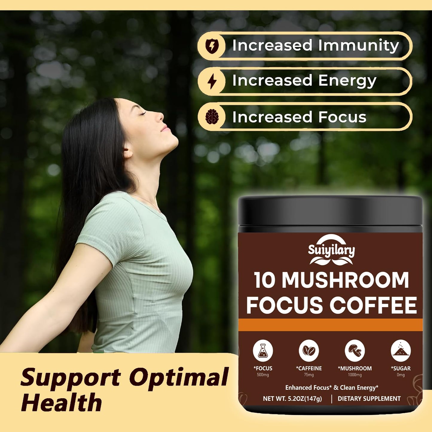 Suiyilary Mushroom Coffee with Focus Lion's Mane Extract Blend, Instant Coffee for Energy, Focus, Memory and Immunity, Powder, 5.2 oz
