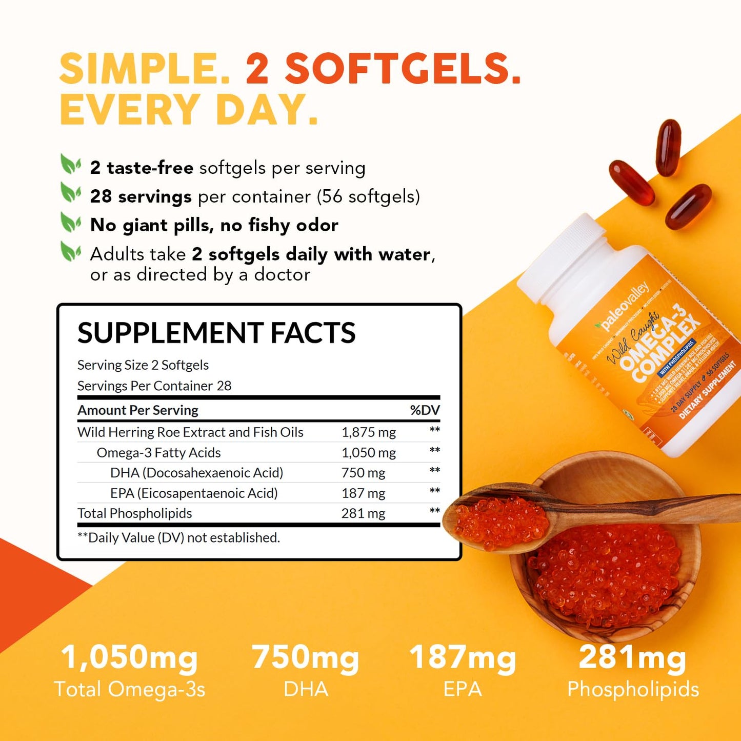 Paleovalley Omega-3 Complex, Wild Caught Fish Oil Softgels, 56 Count