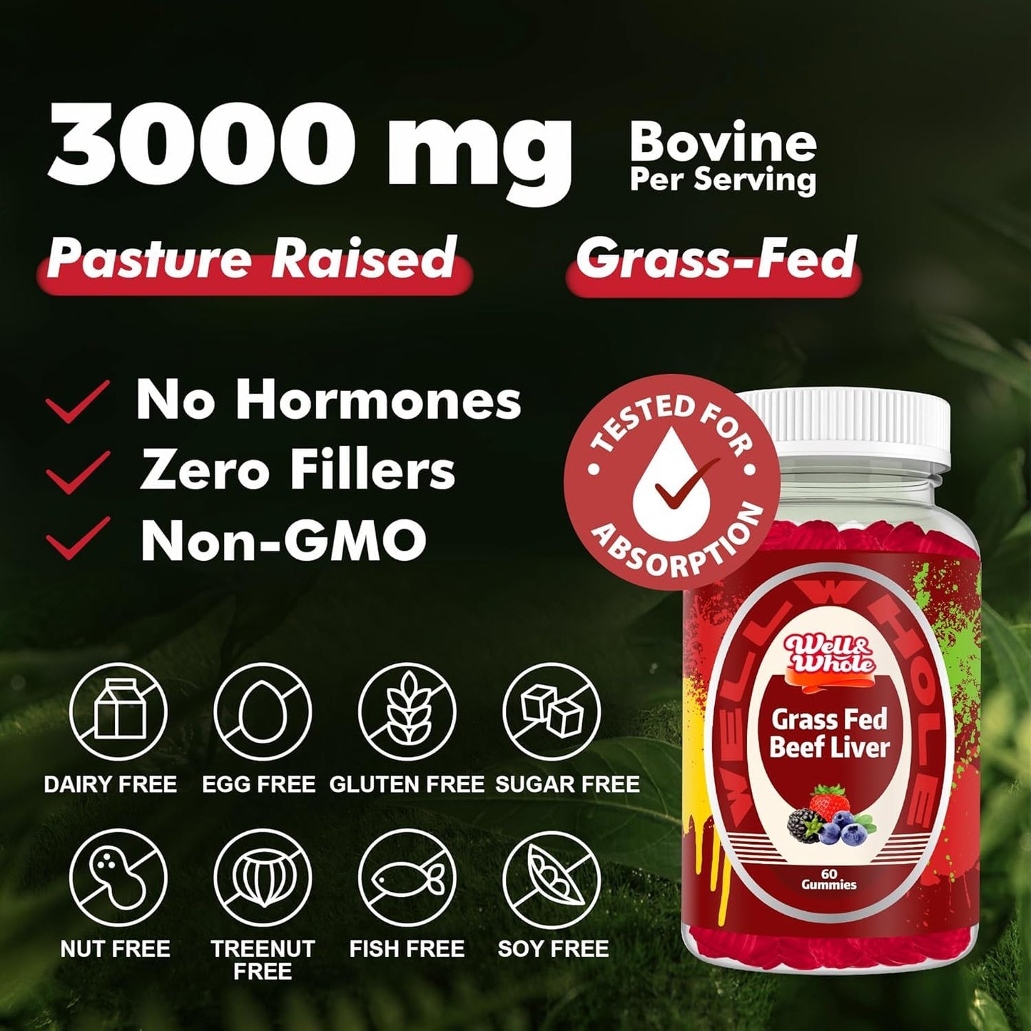 Well&Whole Grass Fed Beef Liver Gummies Chewable 120 Count