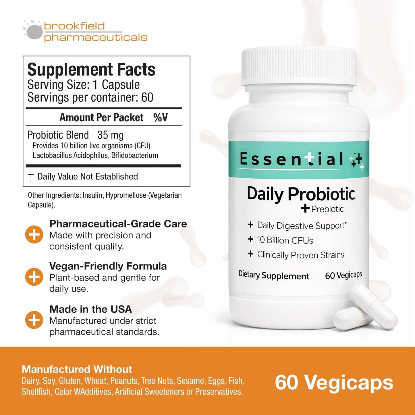 Brookfield Pharmaceuticals Essential Daily Probiotic for Men and Women 10 Billion CFU with Prebiotics & 2 Strains Probiotic Supplement for Gut Health Capsules 60 Count