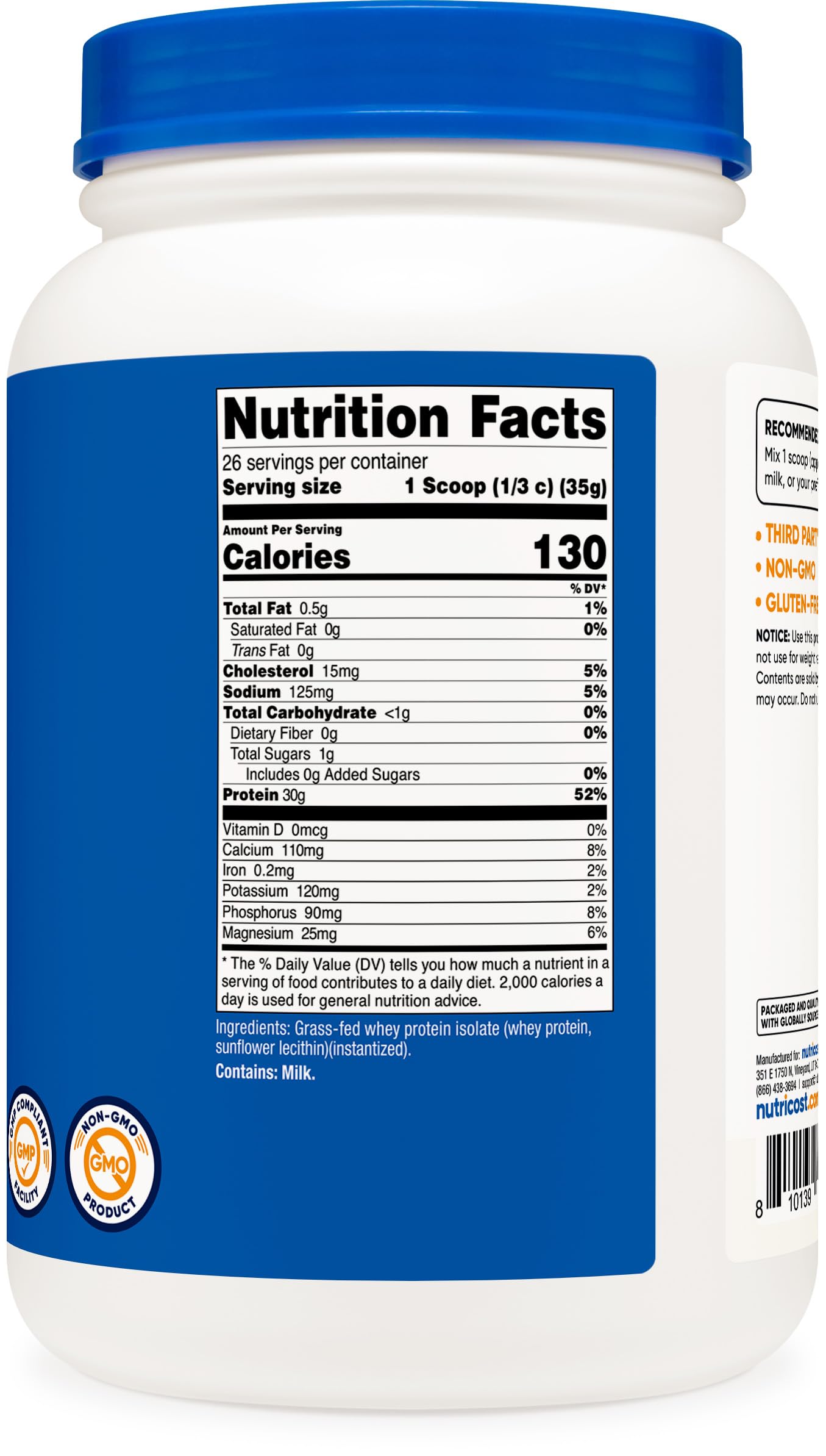 Nutricost Grass-Fed Whey Protein Isolate (Unflavored) Powder 2.03 Pound