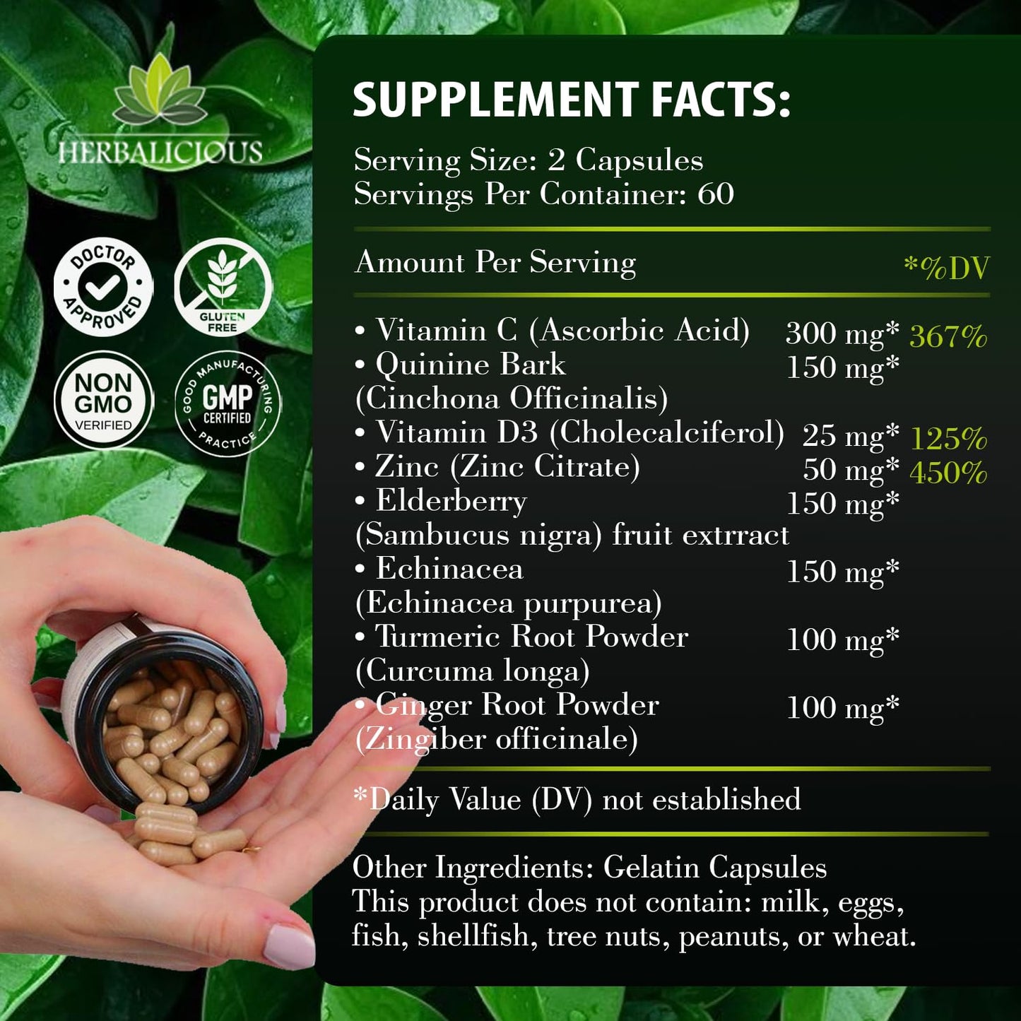 HERBALICIOUS Defence360 Immune Support 8-in-1 Supplement with Vitamin C, D3, Zinc, Elderberry, Echinacea, Turmeric, Ginger & Quinine, Immune Protection, Energy and Vigor, Brain Boost, Stress Relief Capsules 120