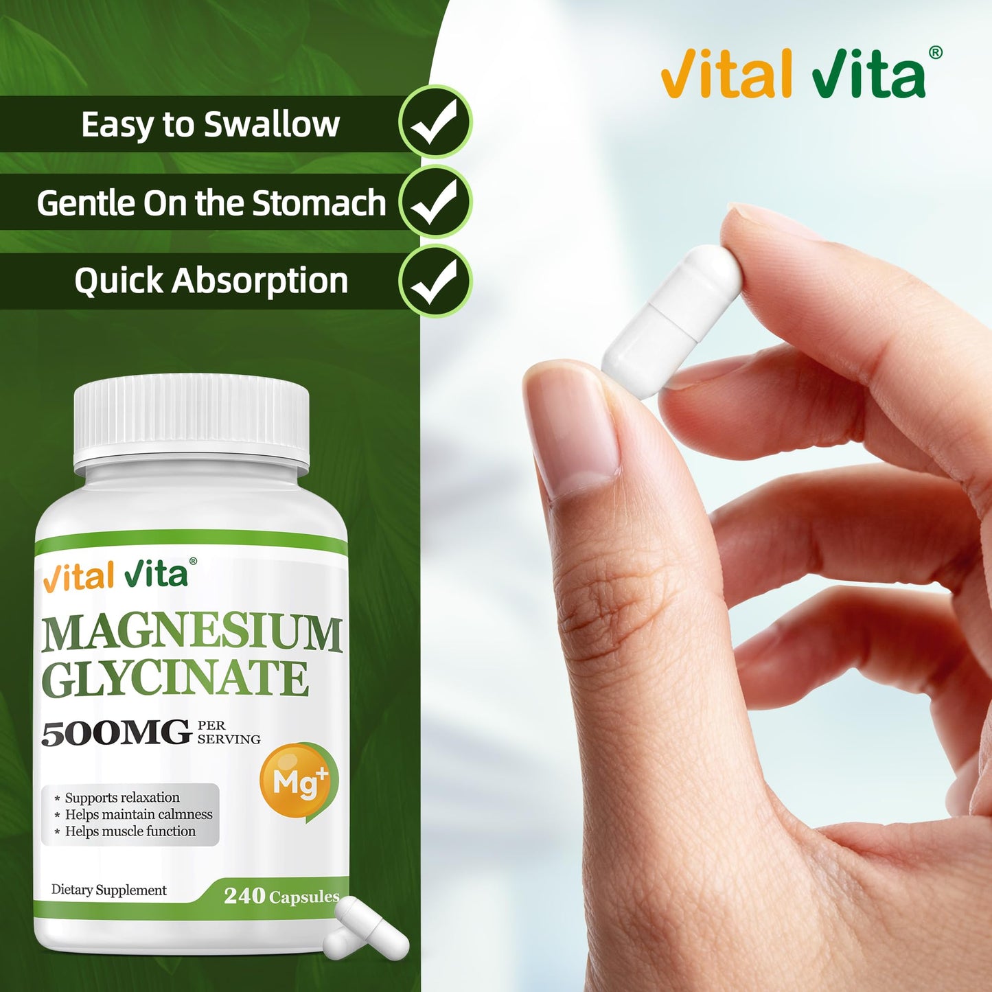 Vital Vita Magnesium Glycinate 500mg Capsule, 240 Count