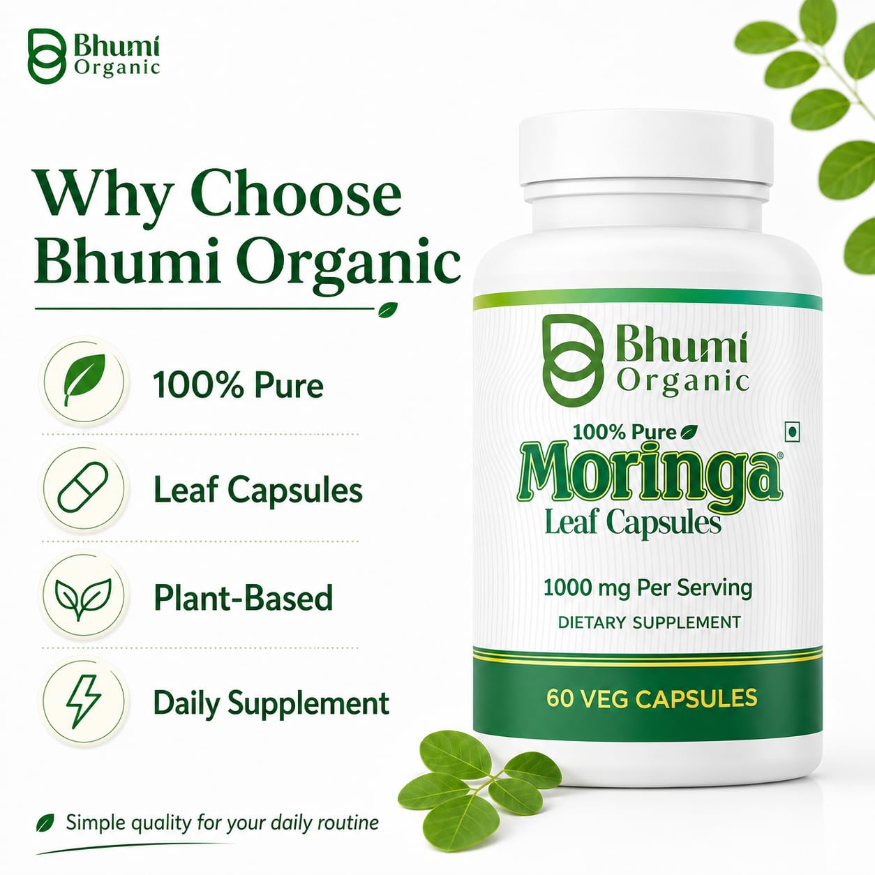 Bhumi Organic Moringa Powder Capsules 800mg, 60 Count