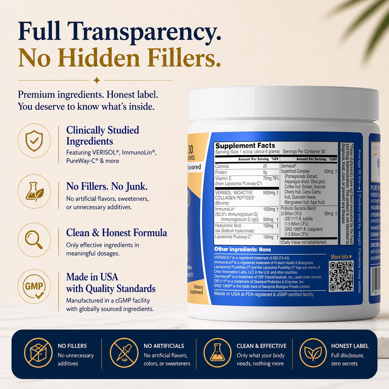 QUINIX Advanced Collagen Powder 6.7 oz Unflavored, 7-in-1 with VERISOL Bioactive Peptides for Skin, Hair & Nails + Gut & Immune Support ImmunoLin & Probiotics