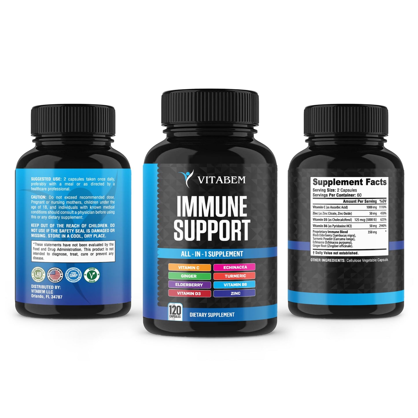 Vitabem 8 in 1 Immune Support Booster Supplement with Echinacea, Vitamin C and Zinc 50mg, Vitamin D 5000 IU, Turmeric Curcumin & Ginger, B6, Elderberry, 120 Count Capsules
