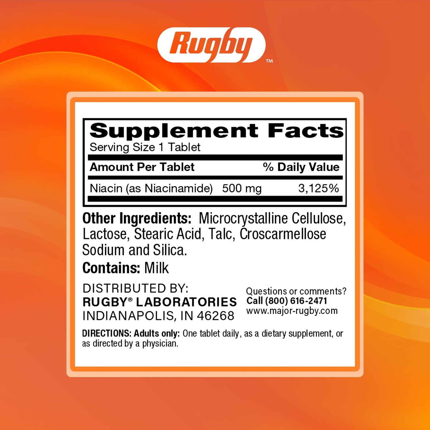 Rugby Laboratories Niacinamide 500 mg Tablets, 100 Count