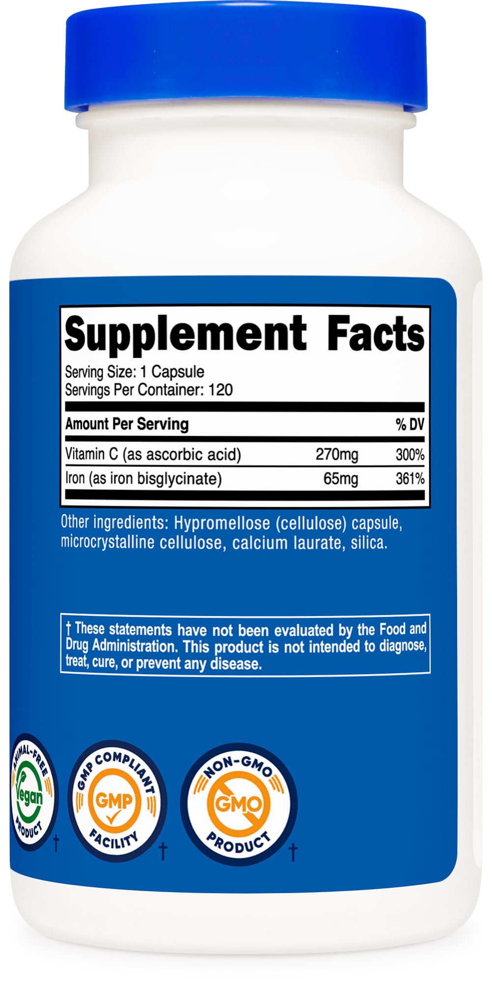 Nutricost Iron (65mg) with Vitamin C (270mg) Capsules, 120 Count