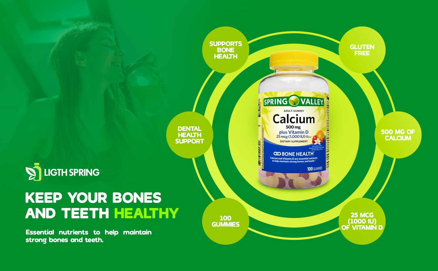 LightSpring Calcium Plus Vitamin D Gummies, 100 Ct