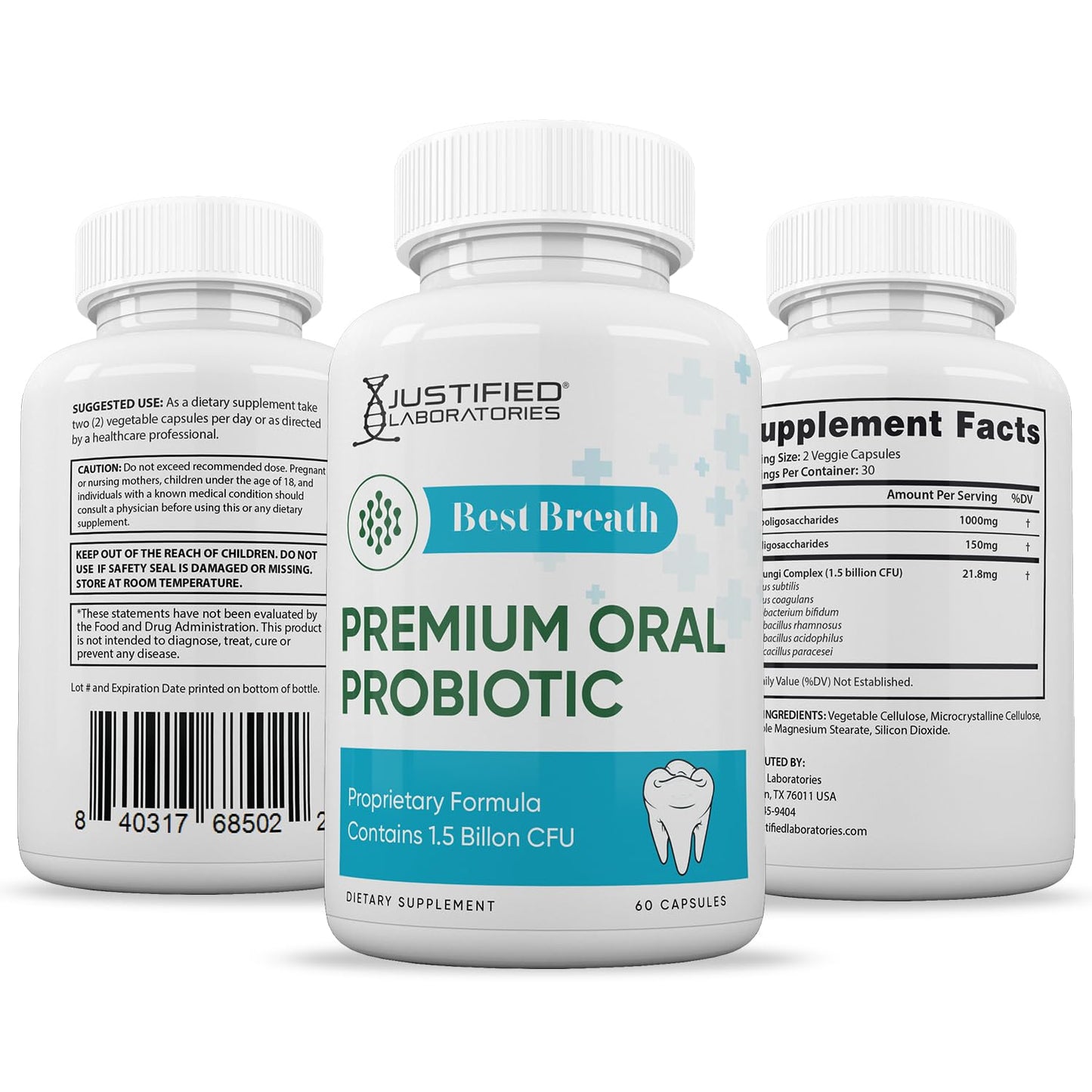 Justified Laboratories Best Breath Probiotic Capsules 1.5 Billion CFU Oral Support, 120 Capsules