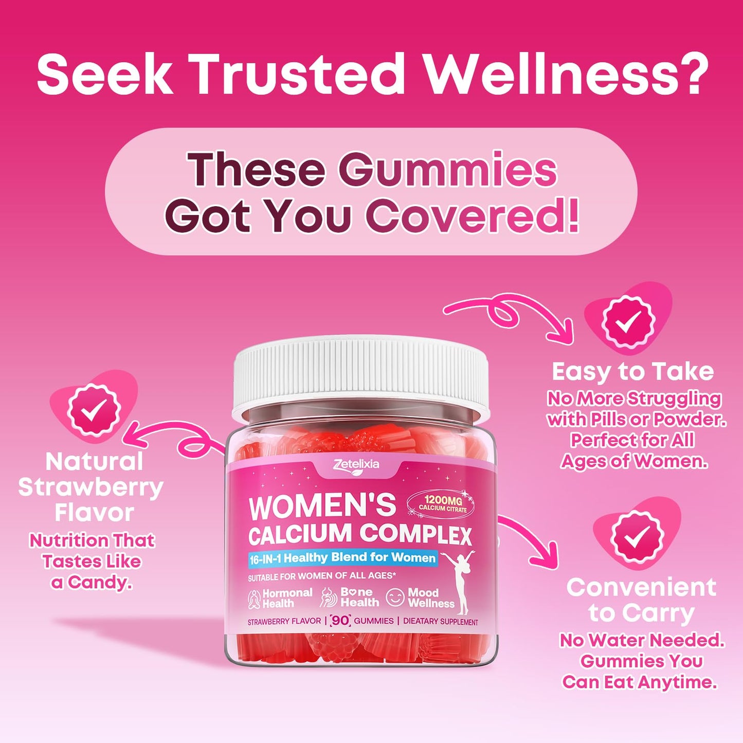 Zetelixia Calcium Gummies for Women with Calcium Citrate 1200mg, Vitamin D3 & K2, Collagen & Biotin, Sugar Free, Non-GMO, Gluten-Free, Strawberry Flavor, 90 Count
