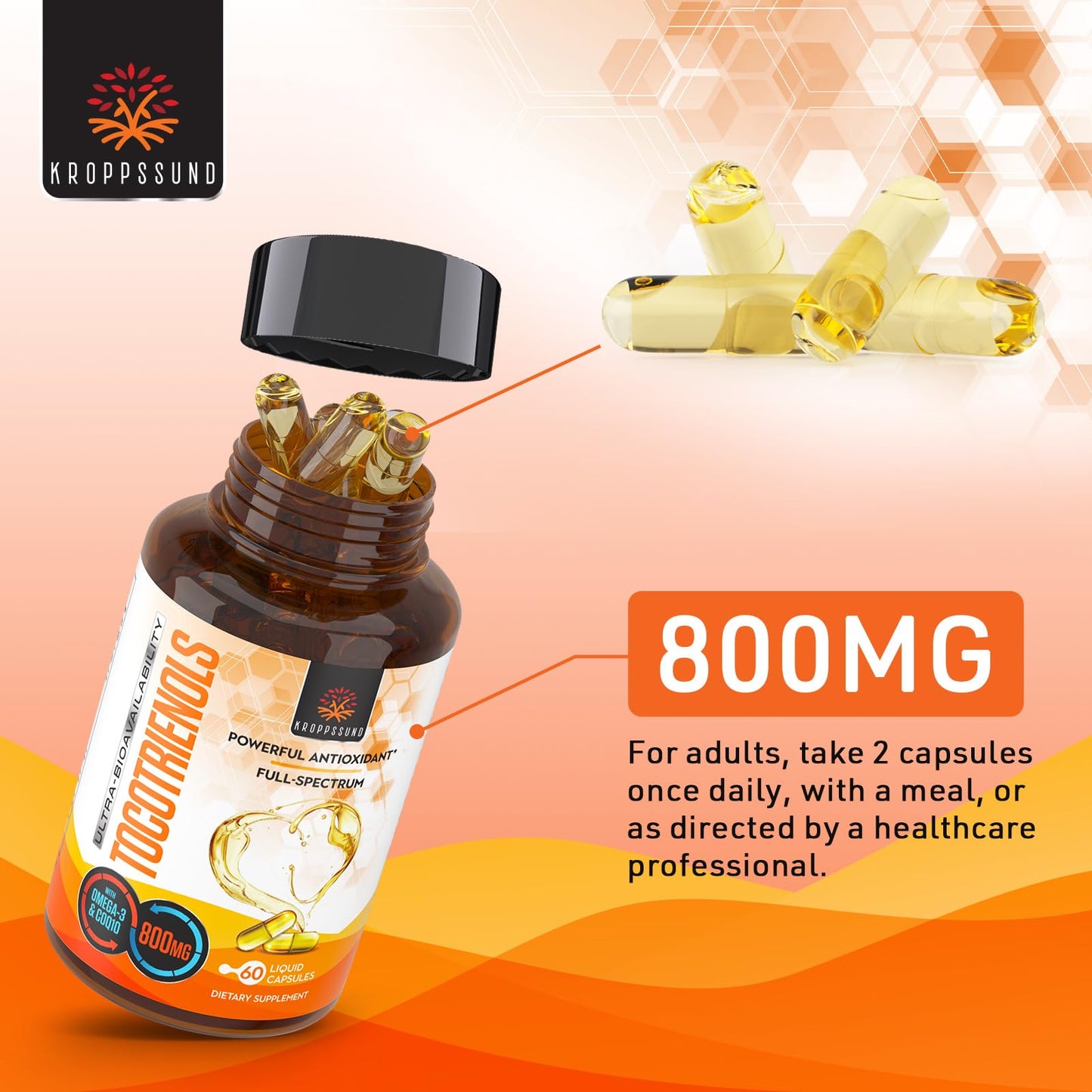 Kroppssund Tocotrienols 800mg Vitamin E Tocotrienols with CoQ10 & Omega 3, 6, 9, Cellular Energy Softgels, 120 Count