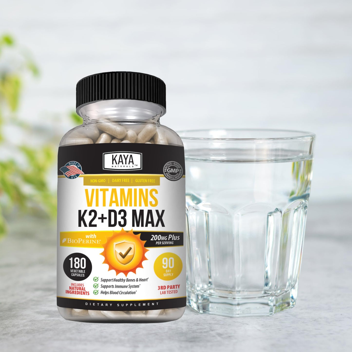 Kaya Naturals Vitamins K2 with D3 5000IU Capsules, 180 Count