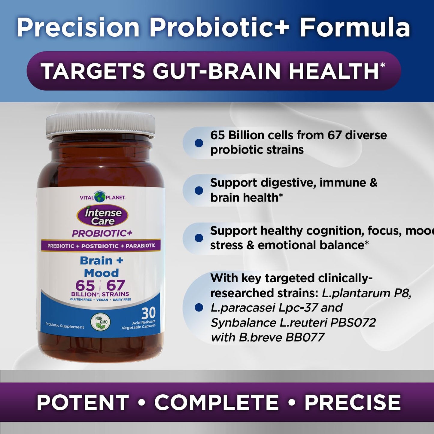 Vital Planet Intense Care Brain & Mood Probiotics, Prebiotics, Postbiotics, Parabiotics, Complete 4-in-1 Refrigerated Supplement for Adults, 65 Billion CFU, 67 Strains, Digestive and Immune Capsules, 30 Count