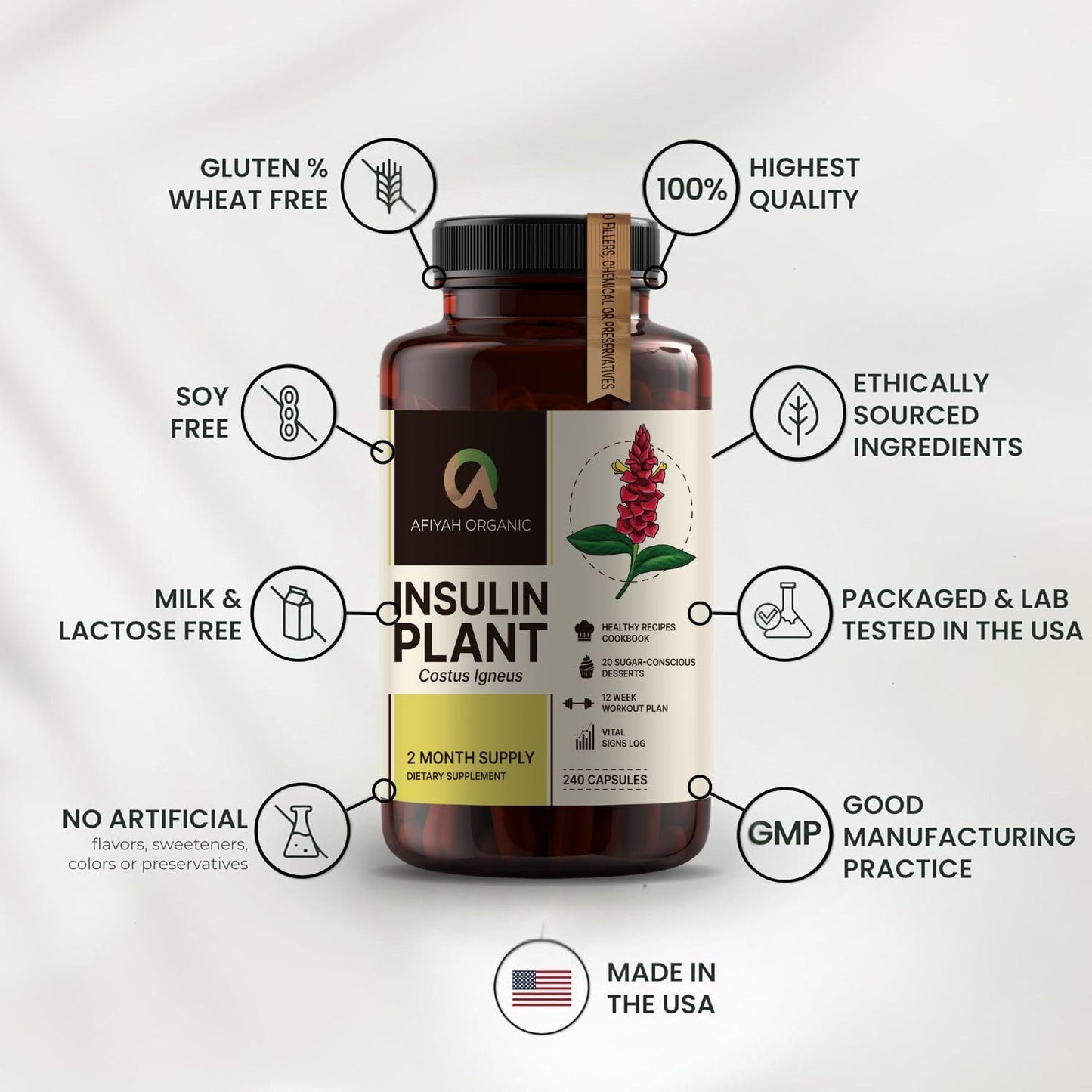 Afiyah Organic Costus Igneus (Insulin Plant) Capsules, 240 Count