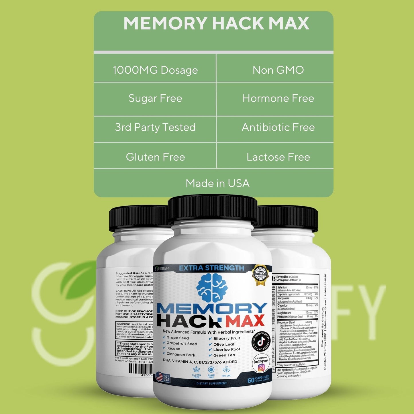 GREENVIFY Memory Hack Max Brain Support Supplement, 60 Capsules