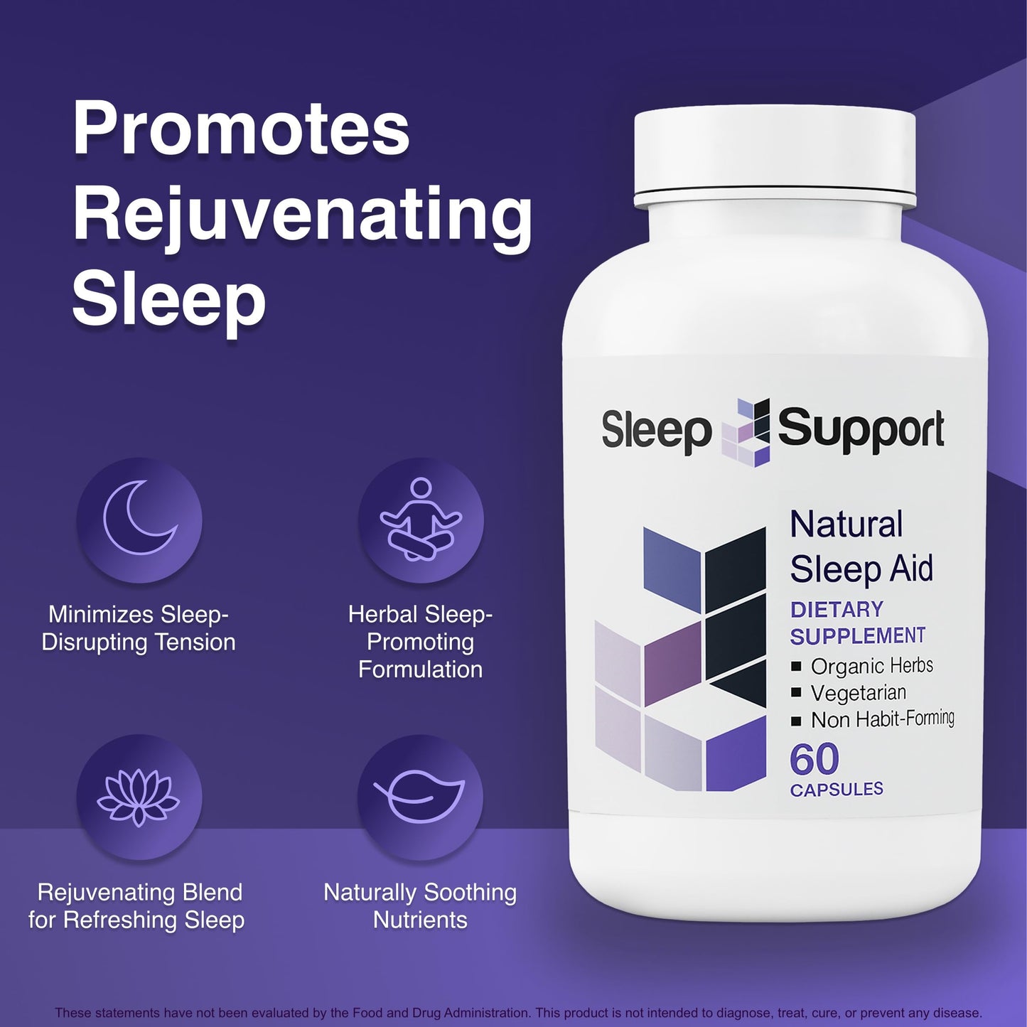 Vitamin Support Sleep Support for Adults with 5 Organic Herbs, L-Theanine, L-Tryptophan, Glycine, Magnesium & Melatonin Capsules, 60