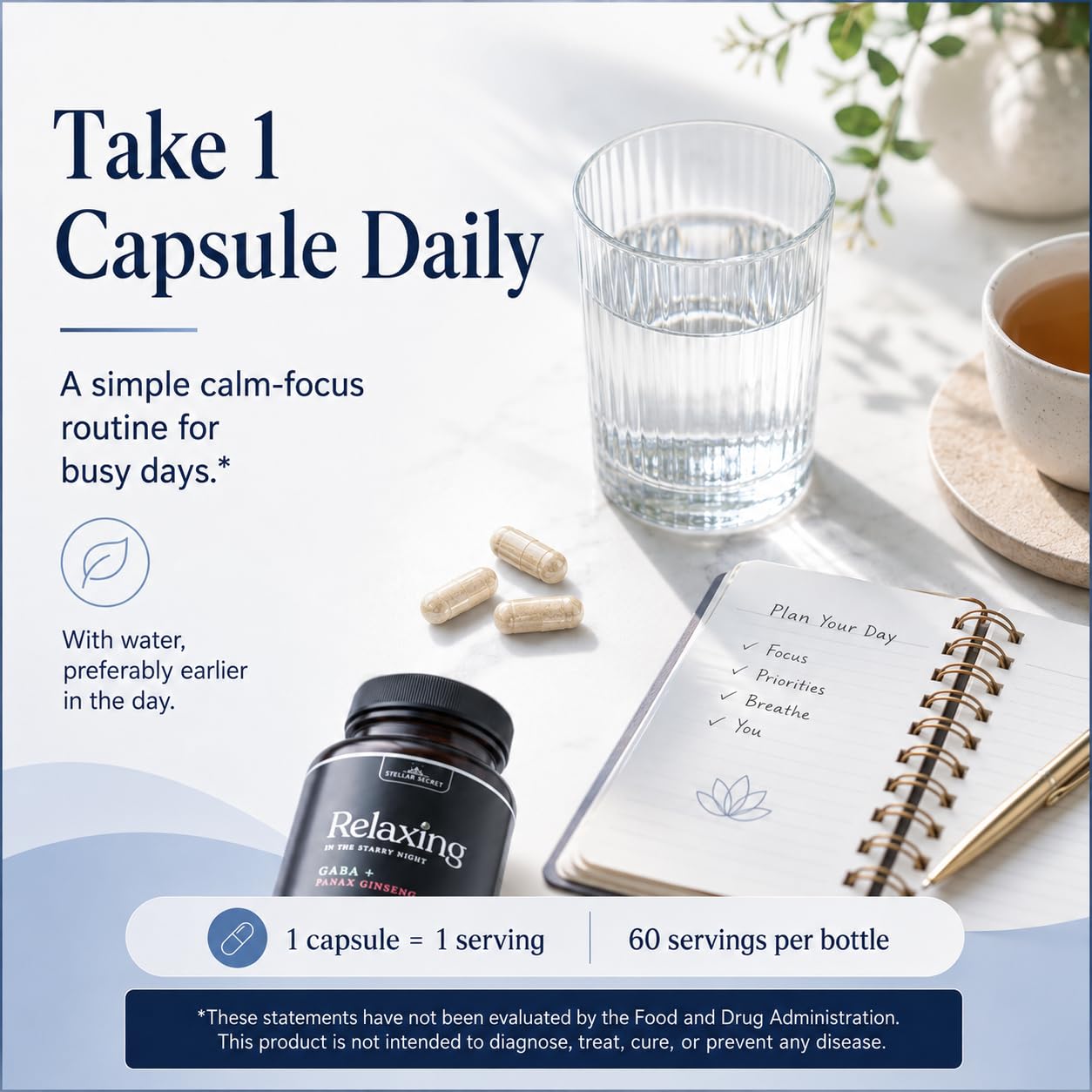 Stellar Secret Relaxing Calm Energy Capsules, GABA, Korean Panax Ginseng, L-Theanine & Lemon Balm, Daytime Calm Focus & Stress Support, 60 Capsules