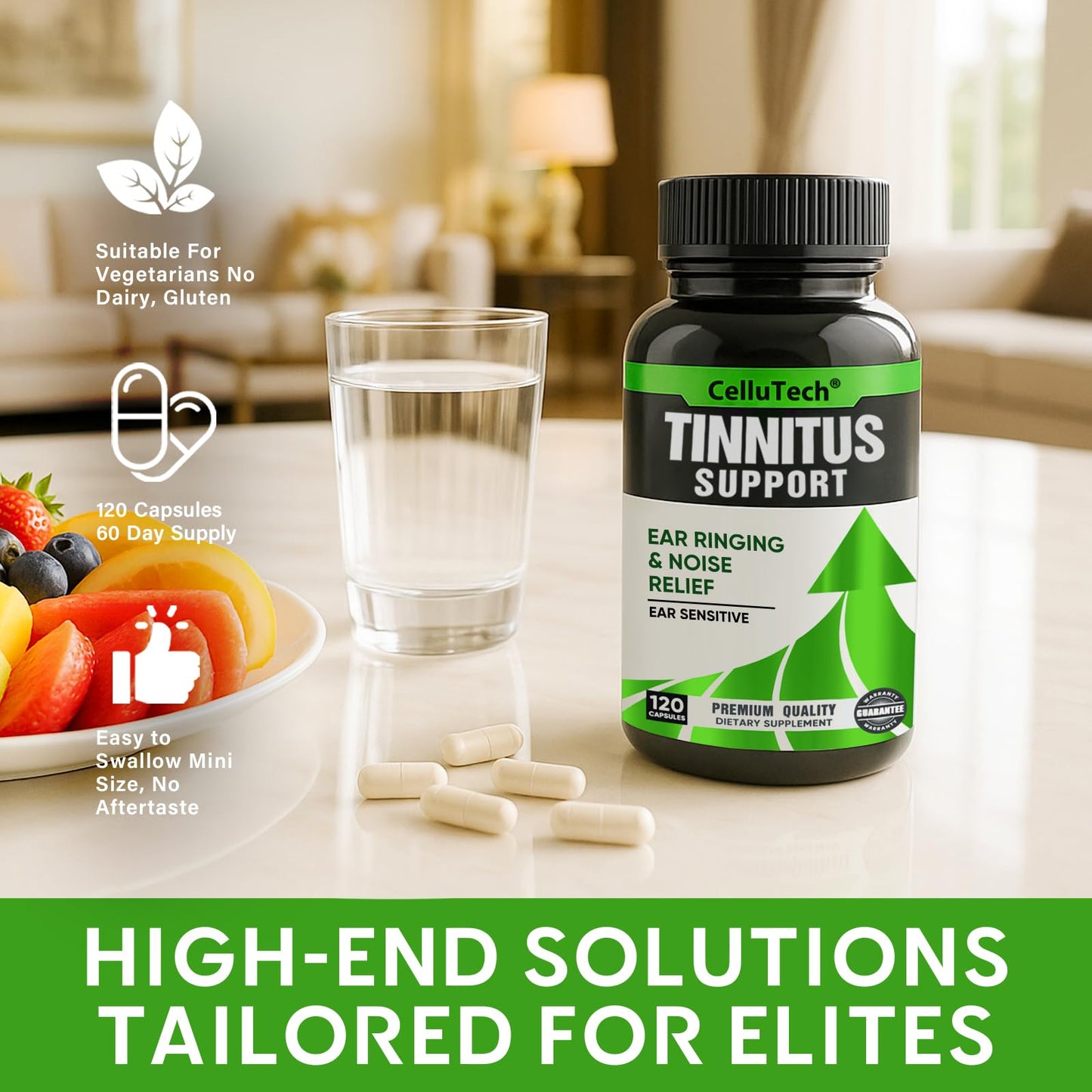 CelluTech Advanced Tinnitus Relief for Ringing Ears Supplement 1200MG, Supports Hearing Loss & Ear Health, 120 Capsules