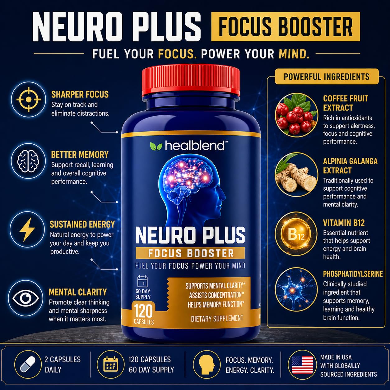 healblend Neuro Plus Focus Booster - Advanced Brain Support Supplement with Vitamin B6, B12, Folate - Improves Memory, Concentration, Mental Clarity & Cognitive Function, 120 Capsules